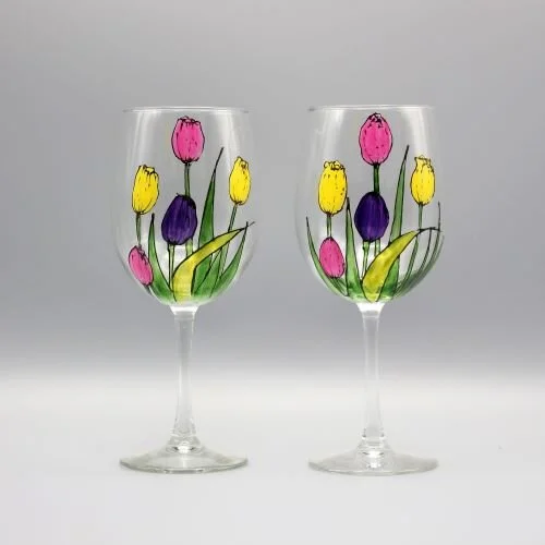 Tulip Wine Glasses - Set of Two | Hand Painted Personalized Gifts