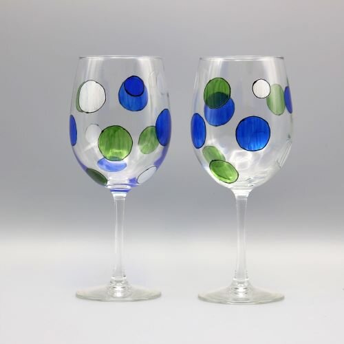 Set Of 2 Hand Painted Wine Glasses Fun Design 8.5" Tall