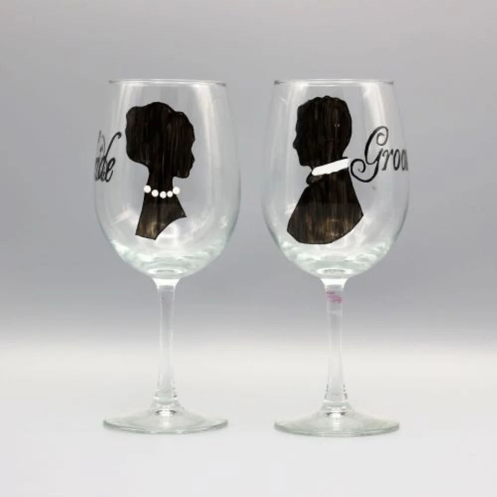 Wedding Silhouette Wine Glasses | Set of Two | Hand Painted Personalized  Gifts