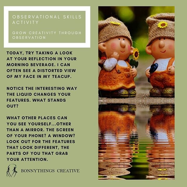 Hey folks. While I'm working on a website redesign and getting my ideas together, I'll post another intentional observation activity. This one might be a little more challenging. Resist the urge to simply look in the mirror. Find a reflection of your