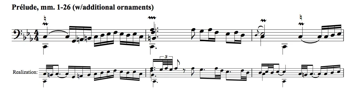 Sample passage from BWV 1011, showing options for realizing ornaments