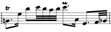 BWV 1011, Allemande m. 31, with a trill on beat 1 and a (suggested) mordent on beat 3