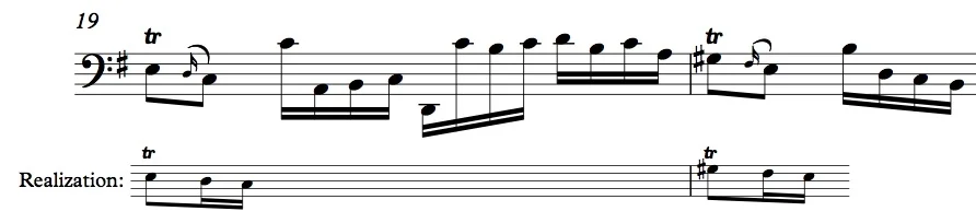 BWV 1007, Allemande mm. 19-20, showing realization of appoggiaturas