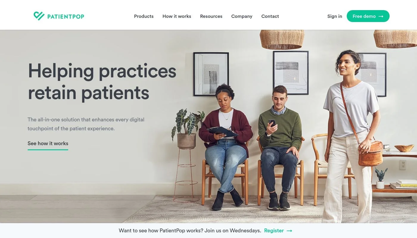 Homepage of PatientPop website featuring three people in a waiting room; two are seated, one standing, all using their phones or tablets.