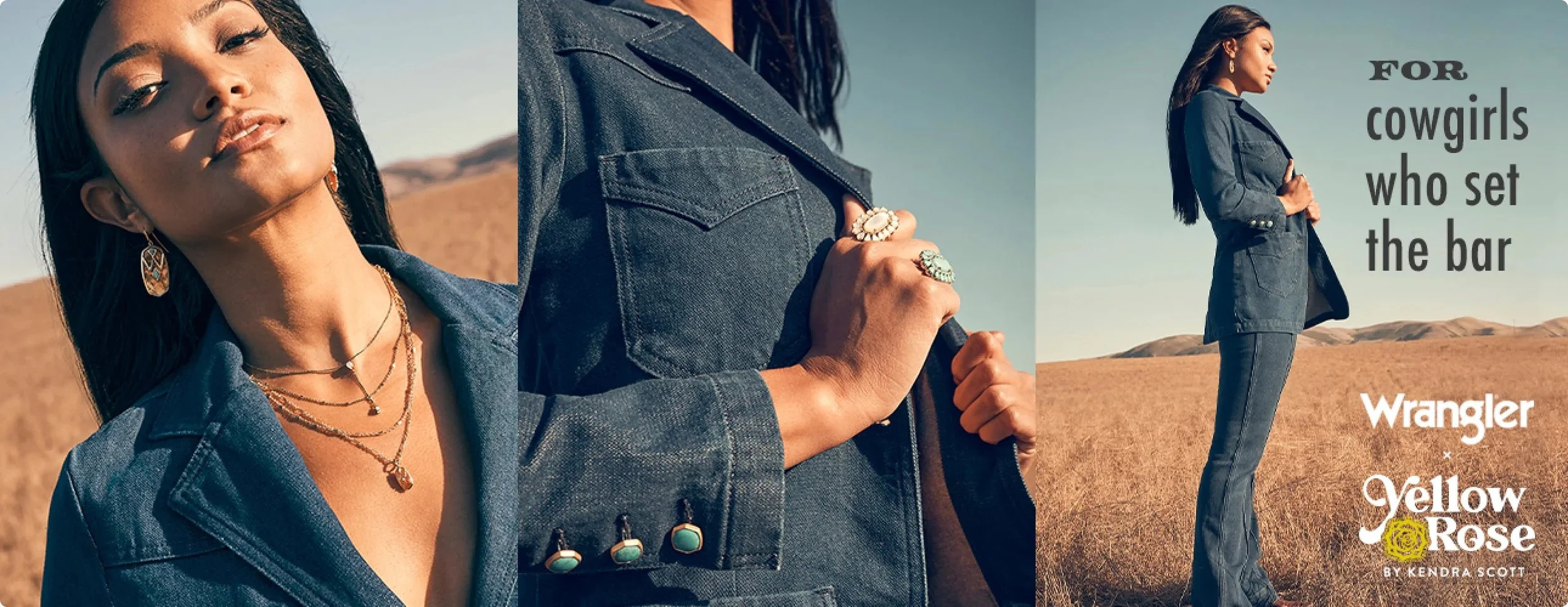 A woman in a denim Wrangler jacket and jeans standing in a field with mountains in the background, and text that reads: 'For cowgirls who set the bar.'