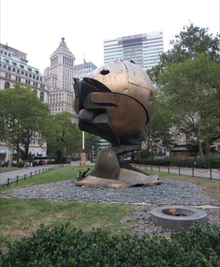 The Sphere from the World Trade Center and the flame at Battery Park.