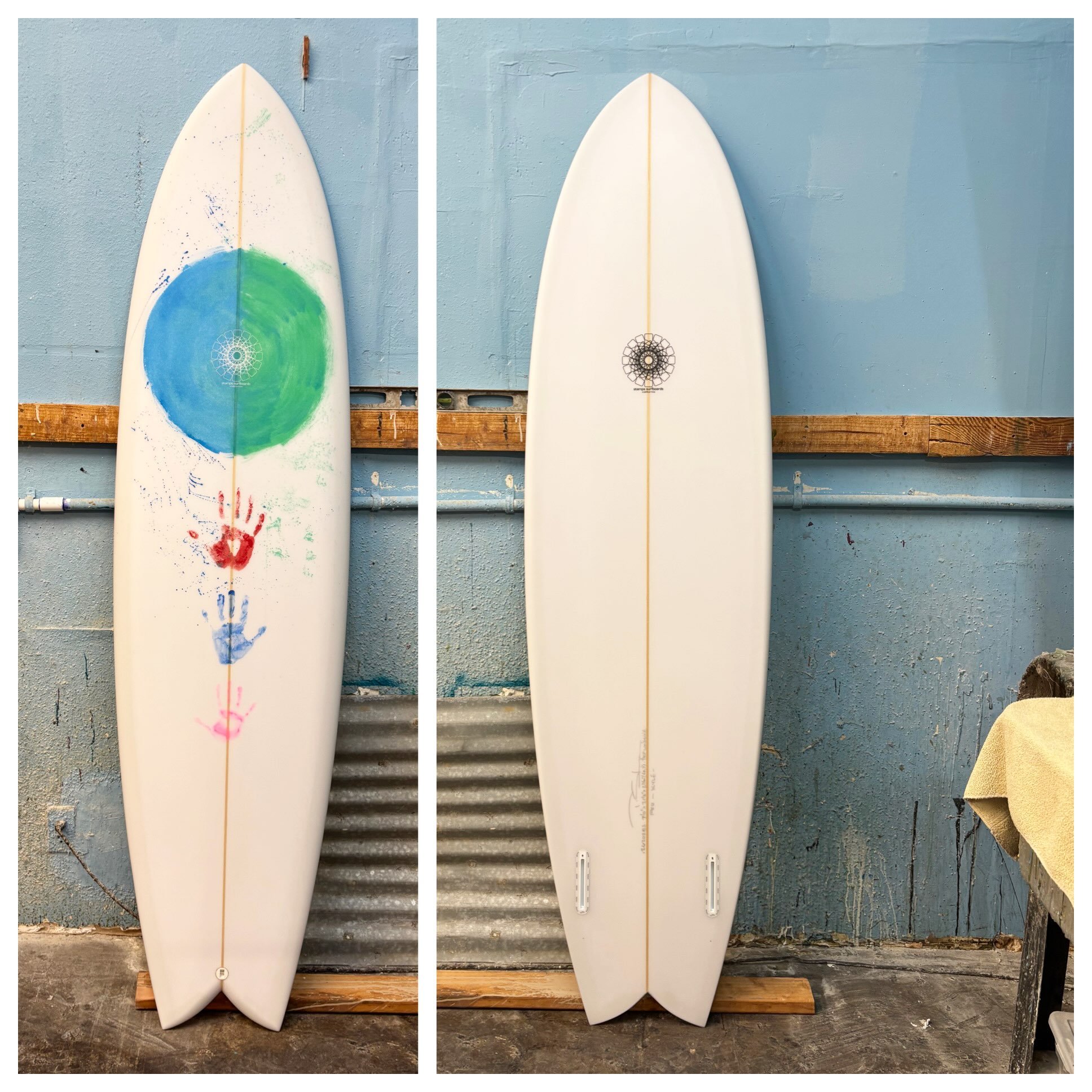 :: big fish friday :: 7&rsquo;0&rdquo; x 21 1/2&rdquo; x 2 3/4&rdquo; :: fine foiled 46.7 L :: custom family painted art work ::
