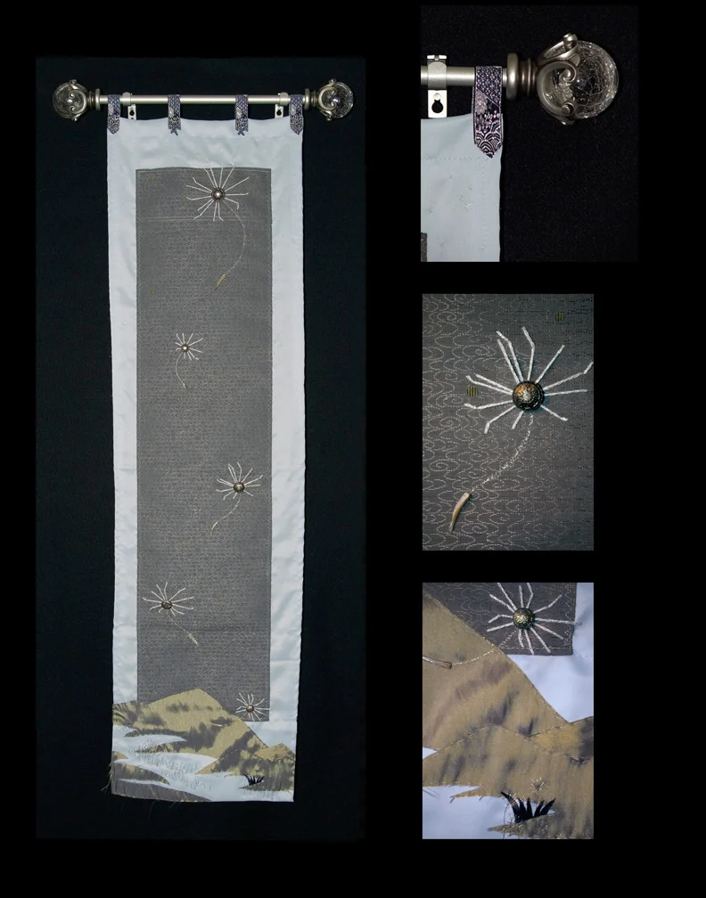 Whisper . Japanese silk obi and mixed media. 53X14, 2007/2008