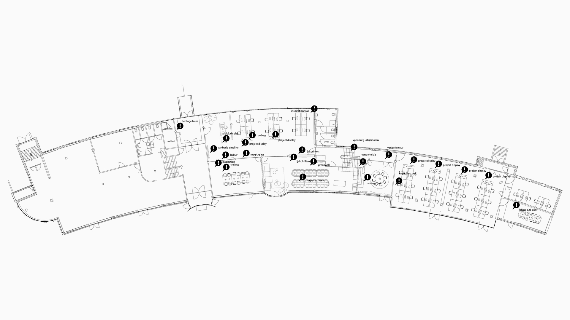 Floor Plan / The ground floor of the building showing all the high-lights of the interior concept.