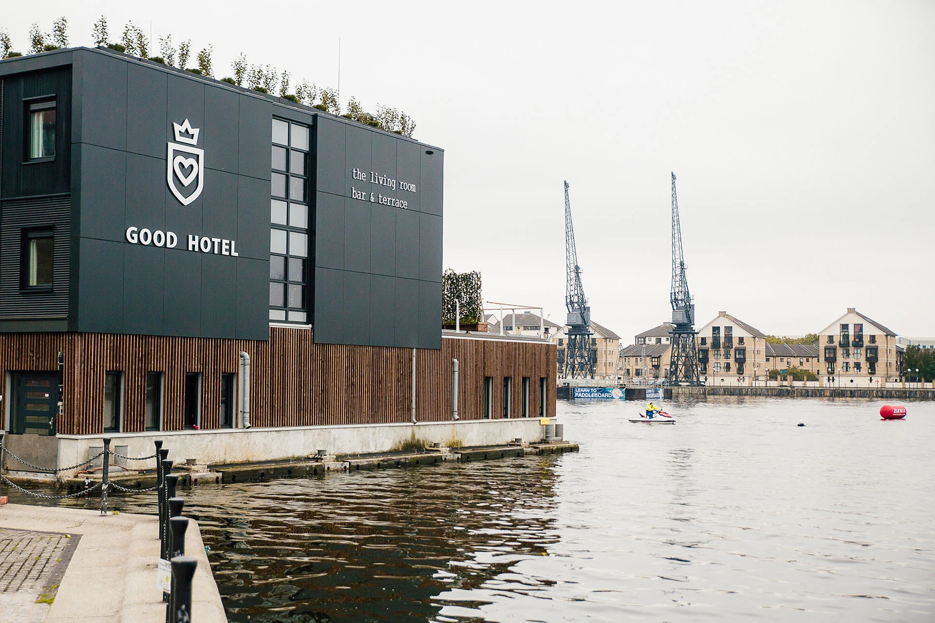 Moored / Good Hotel London at the Royal Victoria Dock after its journey across the North Sea.