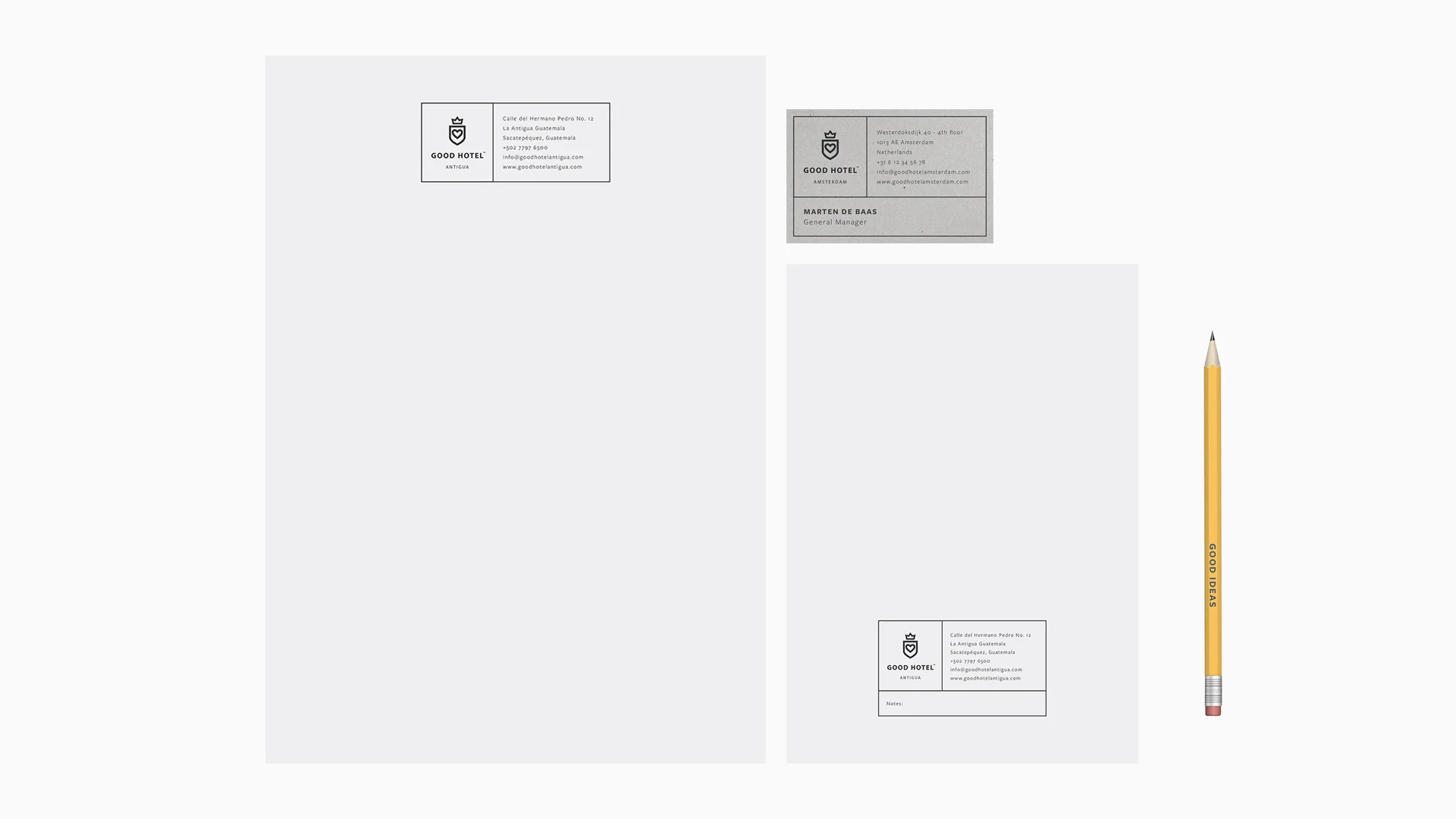Stationary / Letterhead, business card and notepad with GOOD IDEAS pencil.