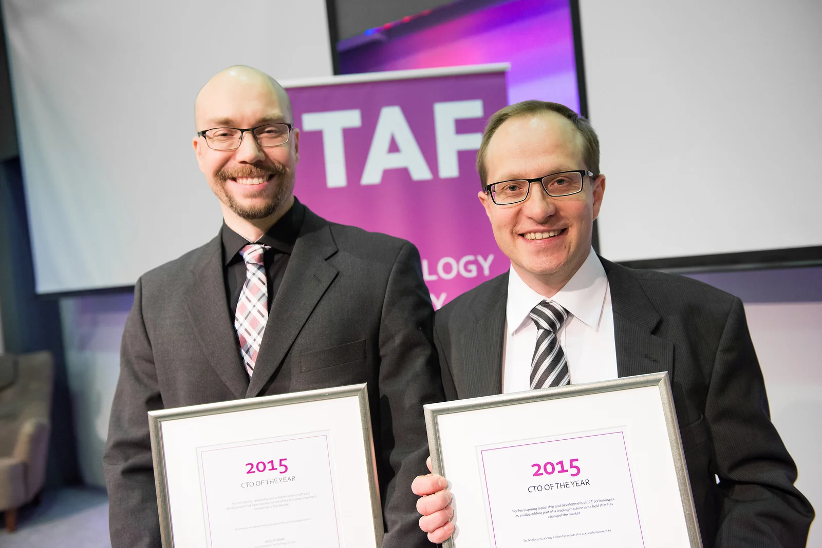 The CTO of the Year 2015 award was given to Jussi Pyörre, Eniram Oy, and Juha Inberg, Ponsse Plc.