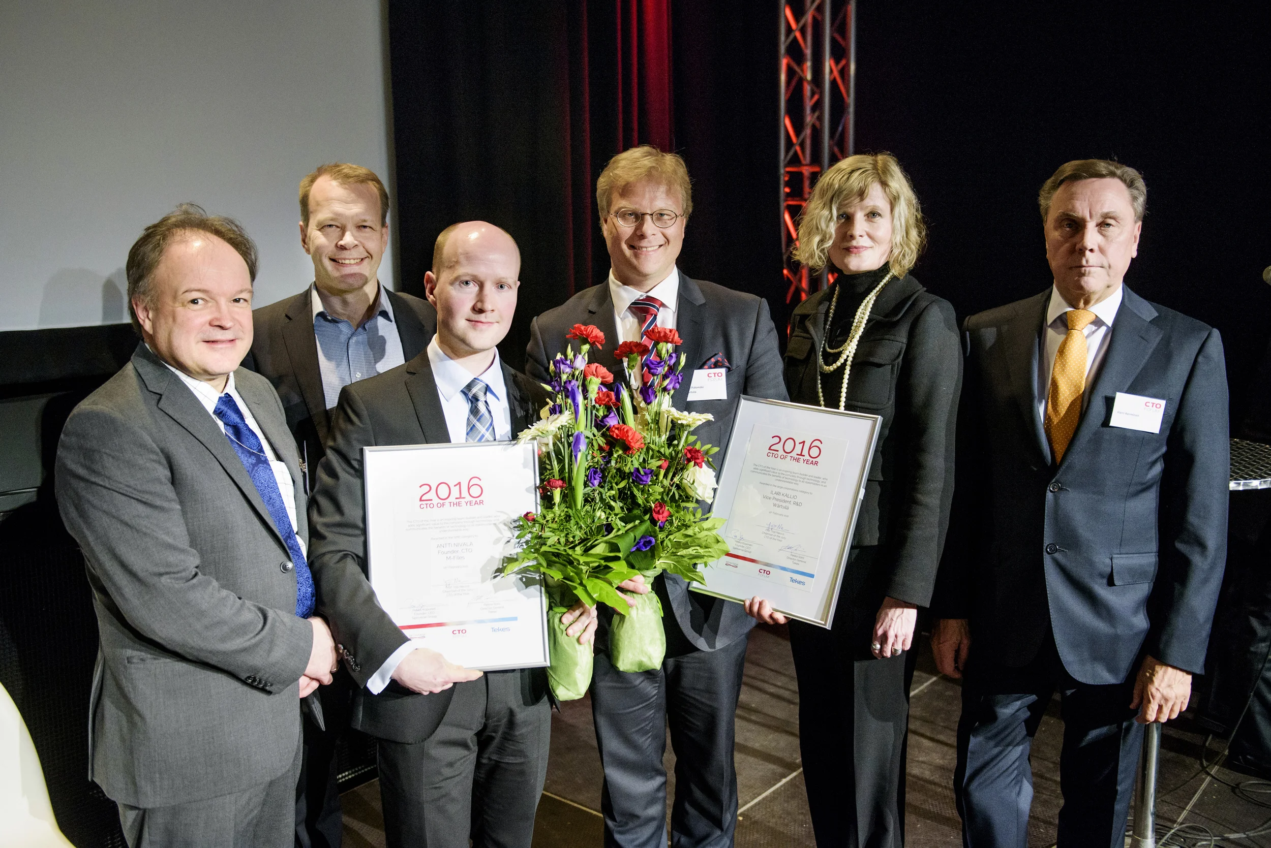 CTOs of the Year with jury and organiser representatives: Reijo Kangas, Tekes; Pekka Koponen, Spinverse; Antti Nivala, M-Files; Atte Palomäki on behalf of Ilari Kallio, Wärtsilä; Tarja Pääkkönen, member of the jury; Harri Kerminen, member of the jury