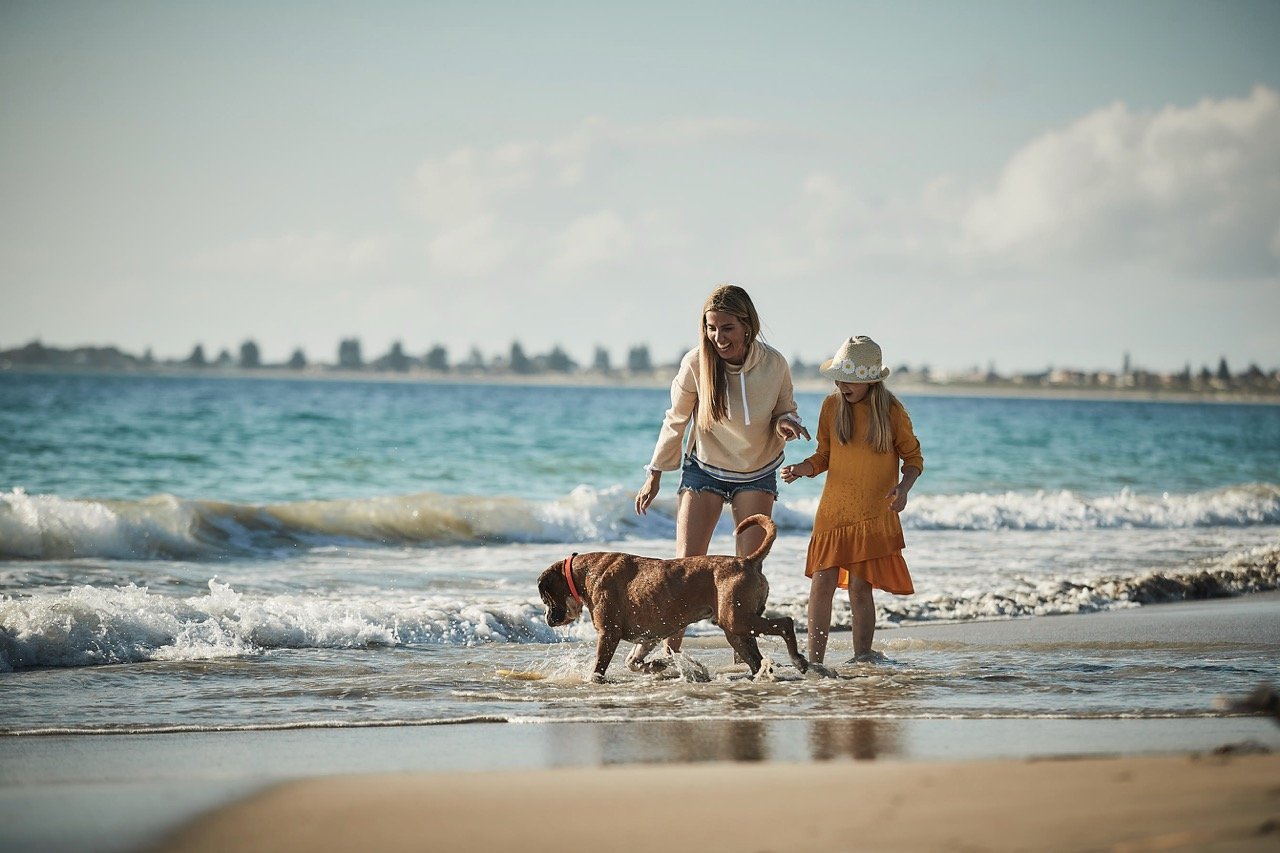 A woman and a young girl playing with a dog at the beach, with waves and a cloudy sky in the background.