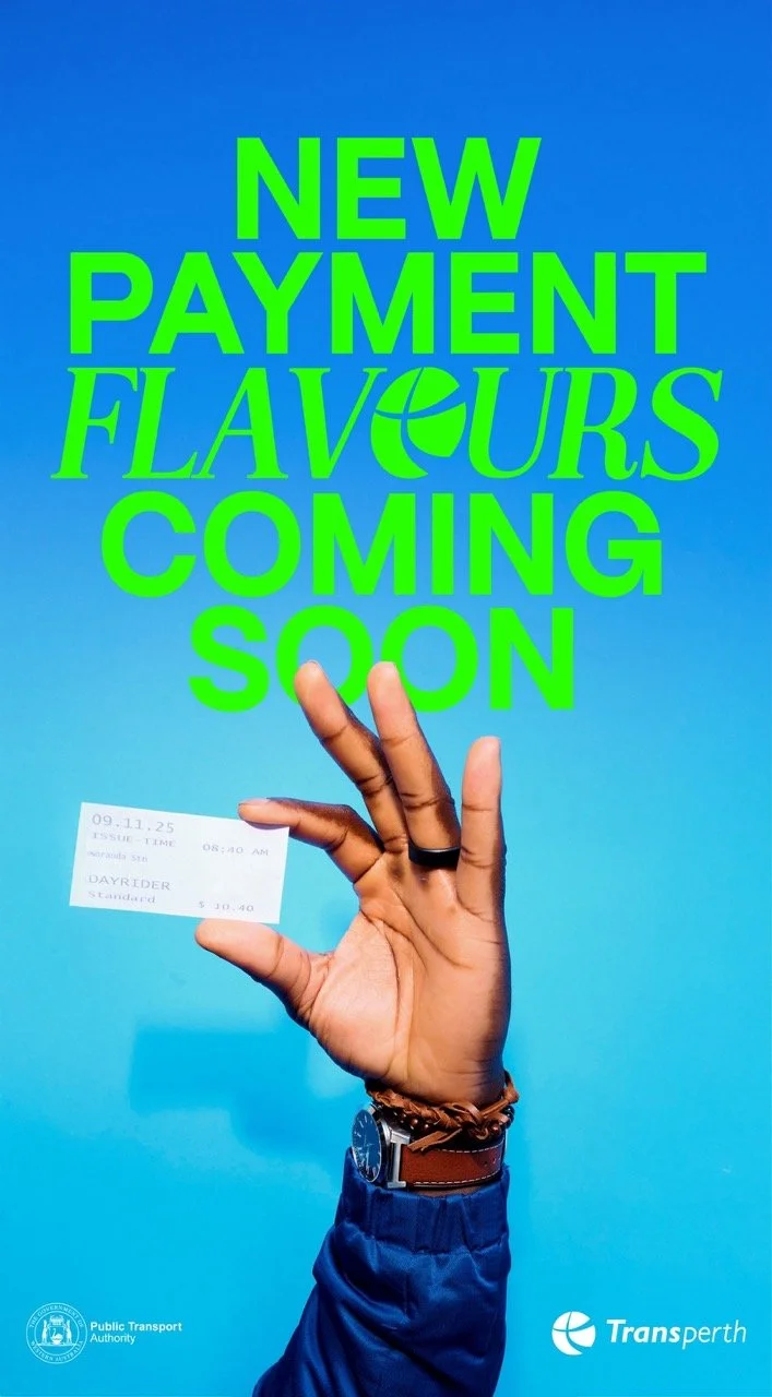 A hand holding a train ticket against a blue sky background with large text announcing new payment flavors coming soon. The ticket displays the date, issue time, and price nicole ferraro luke wilton  transport payment