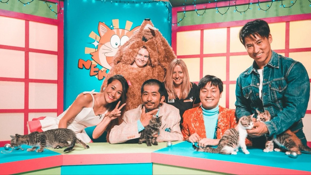 Group of six people and three cats in a colorful TV game show set, with one person in a bear costume and a large cartoon cat on the background wall top knot detective