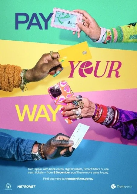 public transport authority trans-Perth contactless campaign monorail hands holding train tickets smart rider accessories luke carter wilton