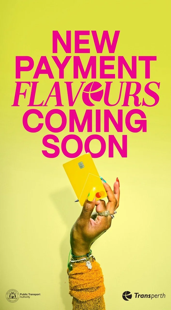 A promotional poster with a yellow background announcing new payment flavors. The poster features a hand with multiple jewelry and a colorful sleeve, holding a yellow credit card with a small screen, and a pin inserted into it. The text on the poster