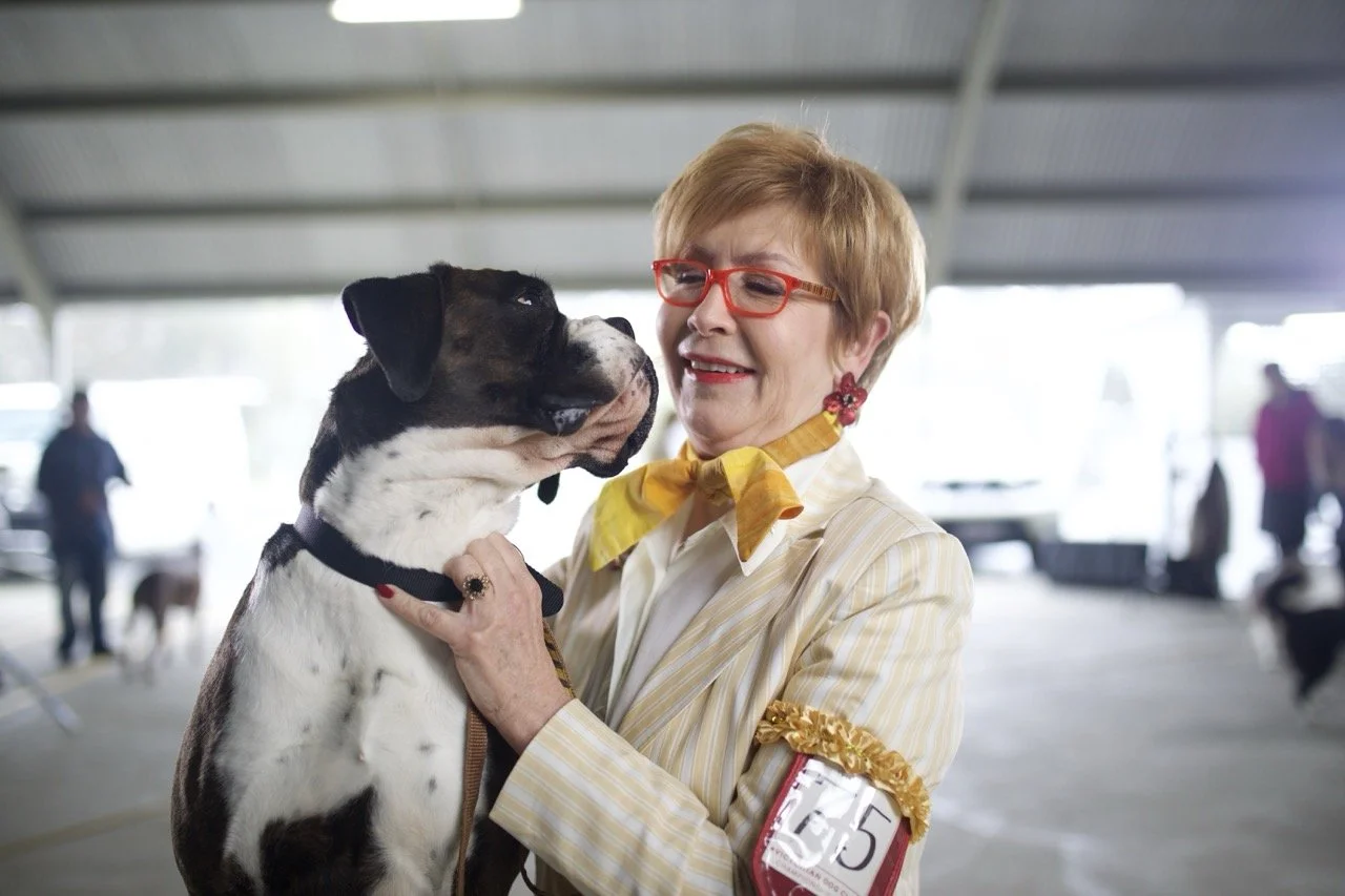 A woman with short blonde hair, red glasses, and wearing a yellow scarf and striped jacket holding a large dog with a black and white coat, in an indoor setting with other dogs and people in the background.