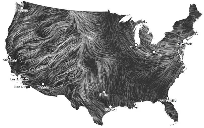 unlikelywords:

Holy crap this wind map is gorgeous. Click the image so you can watch it move. “This map shows you the delicate tracery of wind flowing over the US right now.”
Via @anildash