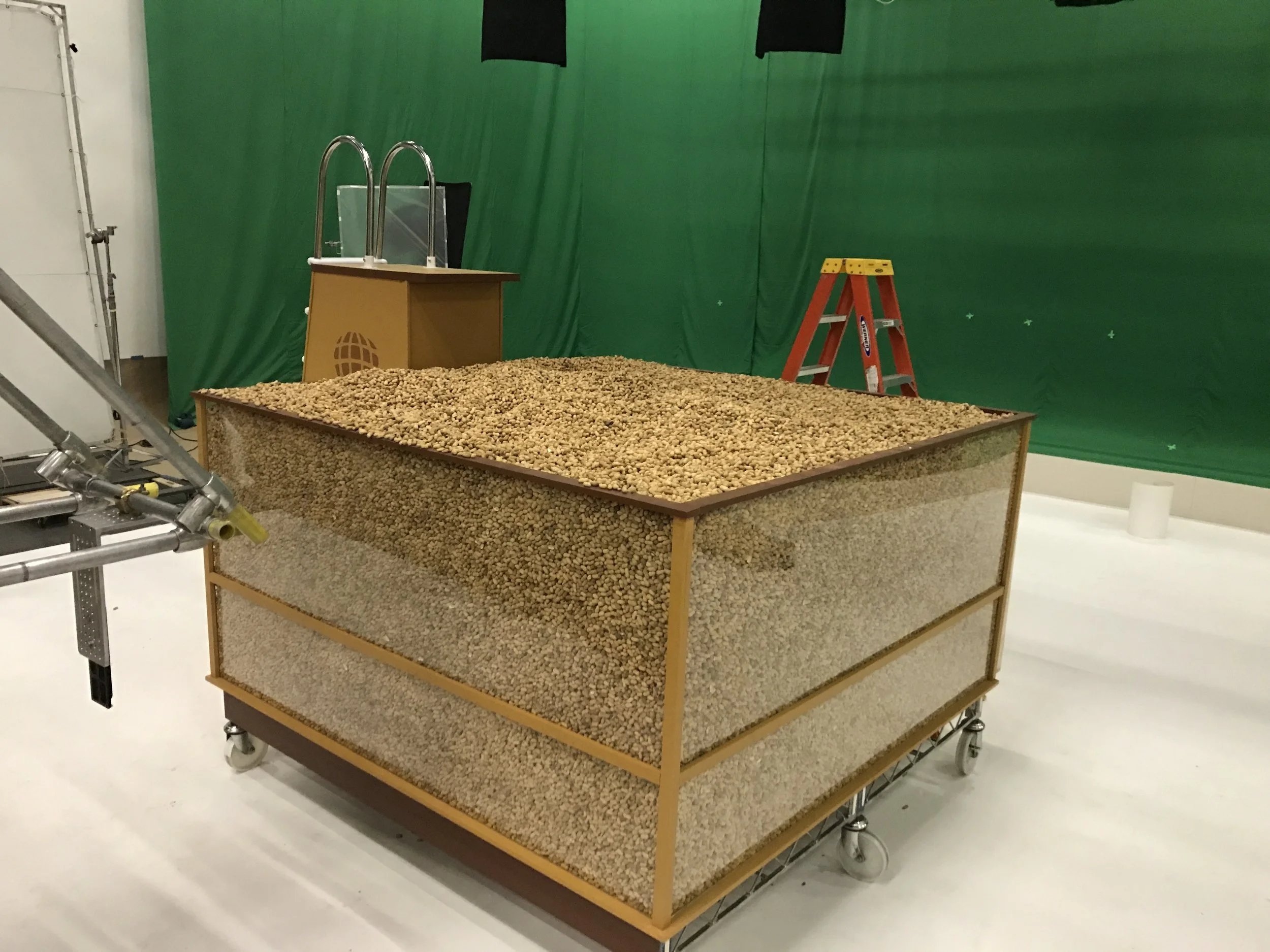 I BUILT THIS TO APPEAR FULL - BUT ONLY HAD ABOUT 3 INCHES OF PEANUTS SO WE COULD SWAP THE CRASH PAD IN QUICKLY FOR THE JUMPING SCENE. 