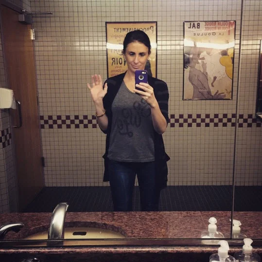 In my office bathroom a few months ago with my David Byrne "How did I get here?" face on.