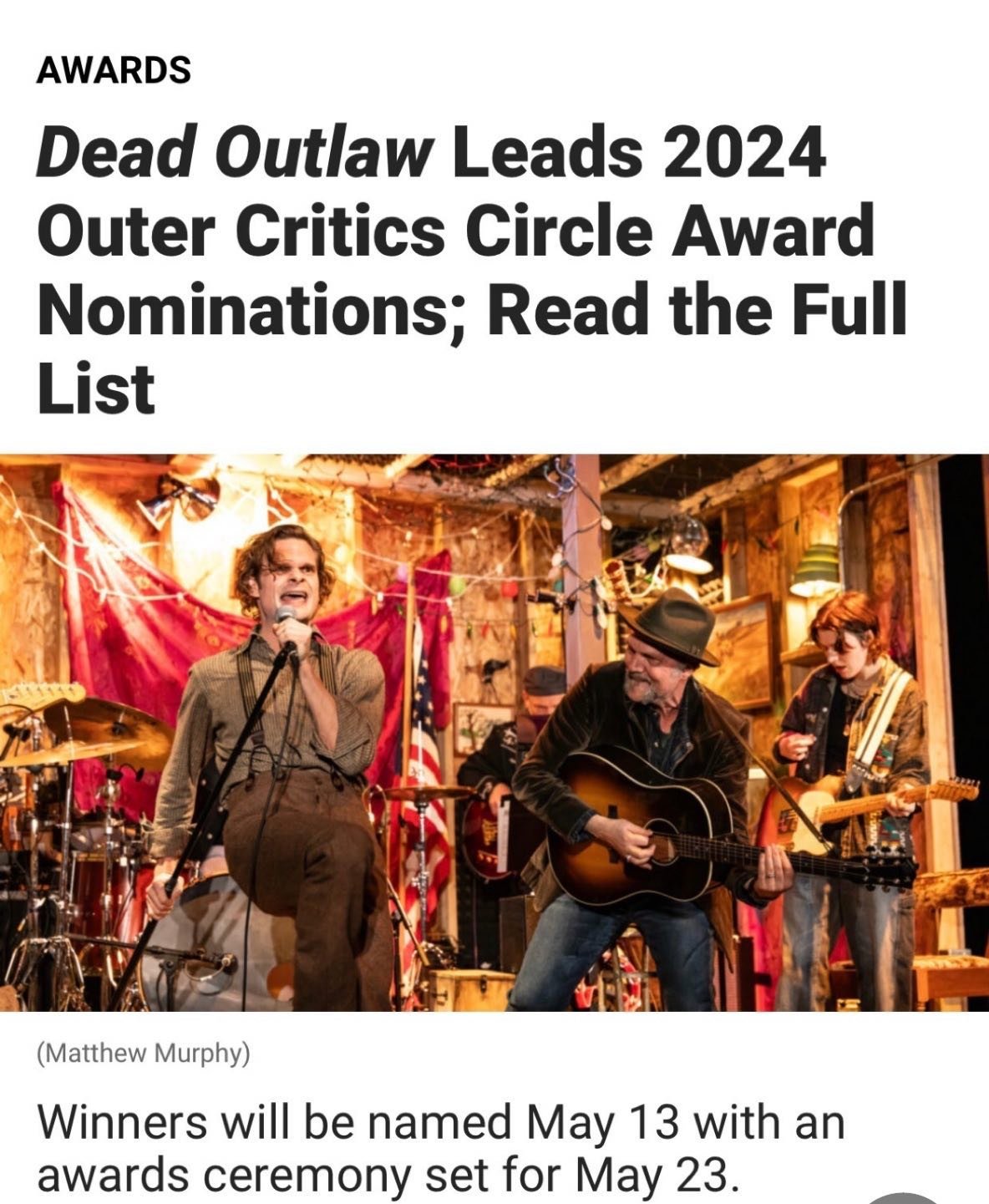 Congratulations to the amazing creatives, cast and crew of Dead Outlaw. With a special hug to the music folks who wrote a bunch of great songs and rocked it every night onstage. @erikdellapenna @davidyazbek dean sharenow @rebekahnbruce @hank_heaven s