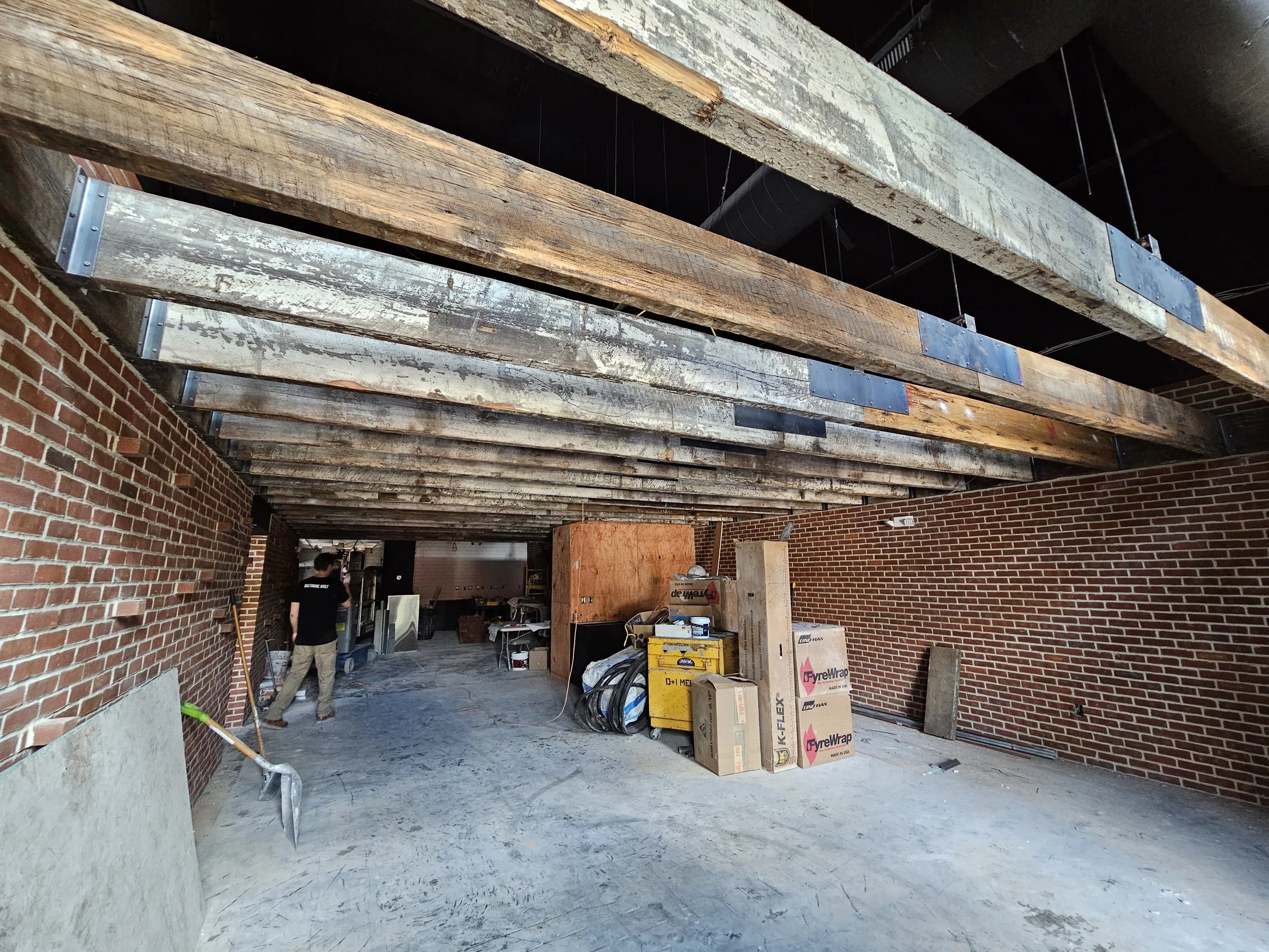 industrial warehouse style restaurant, solid wood ceiling beams, custom woodworking custom metalworking baltimore maryland