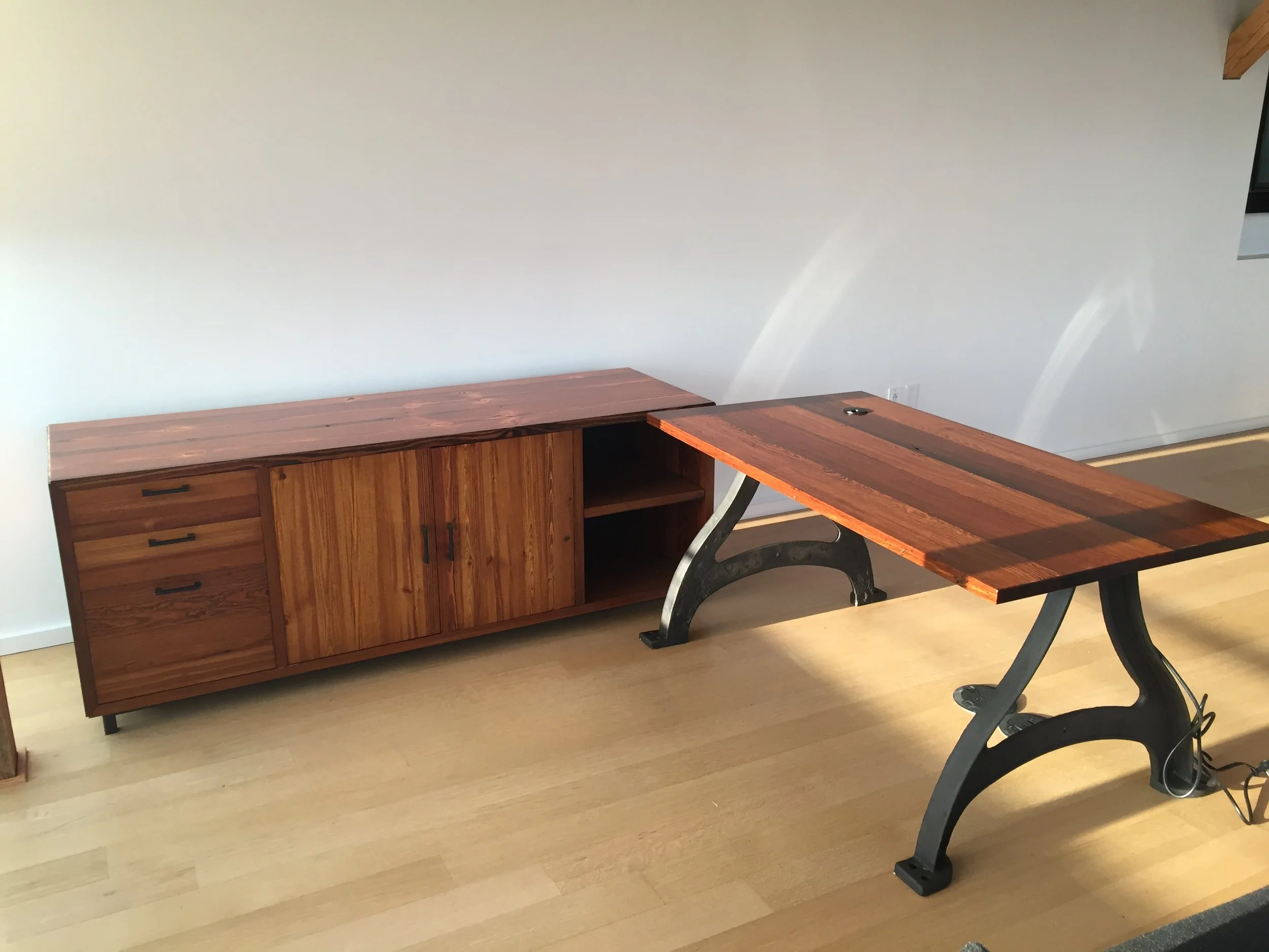 antique industrial look office desk with matching credenza, warm toned pine