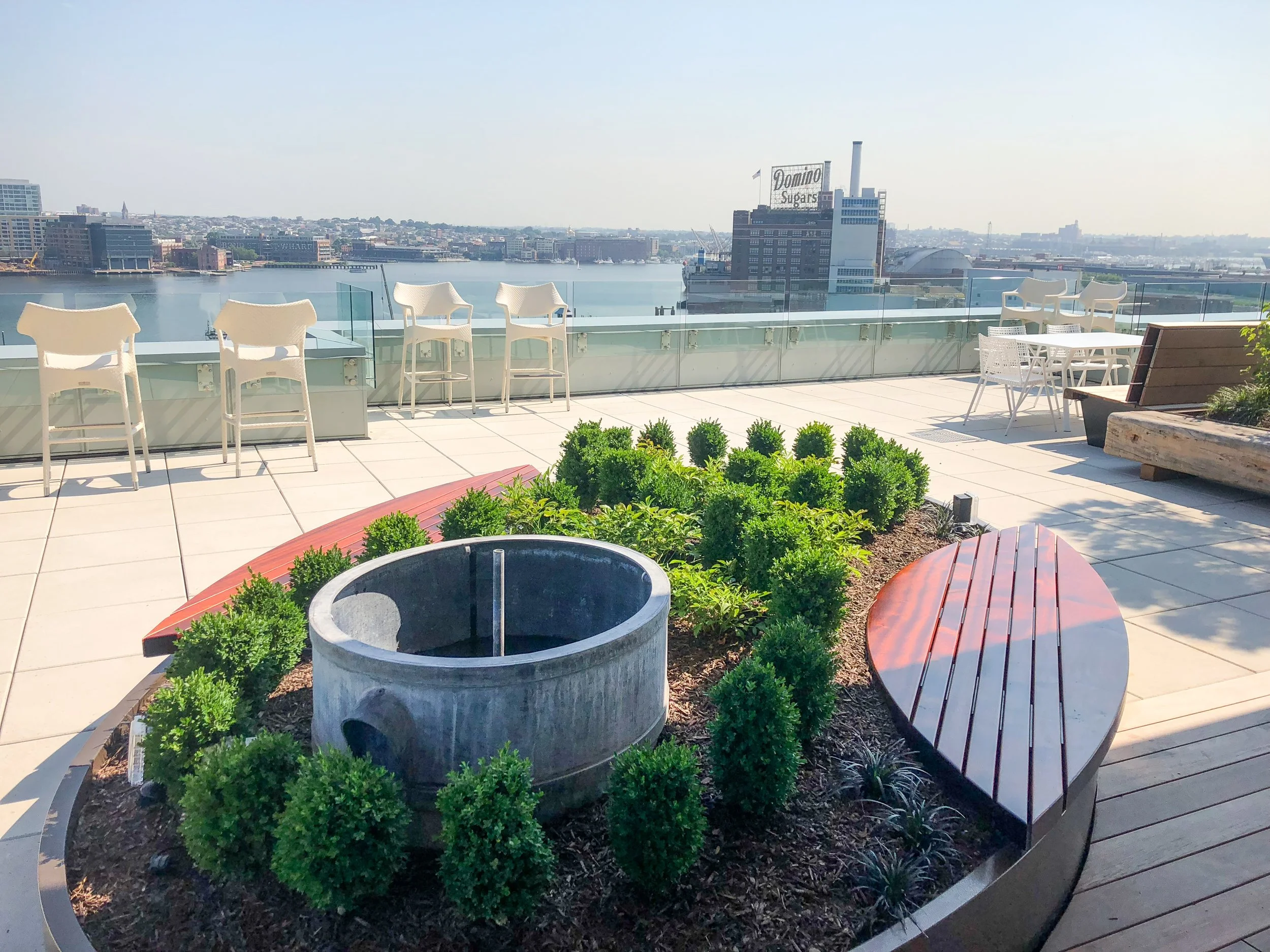 outdoor mahogany bench elegant residential cafe office space Everything Anything Wood and Metal