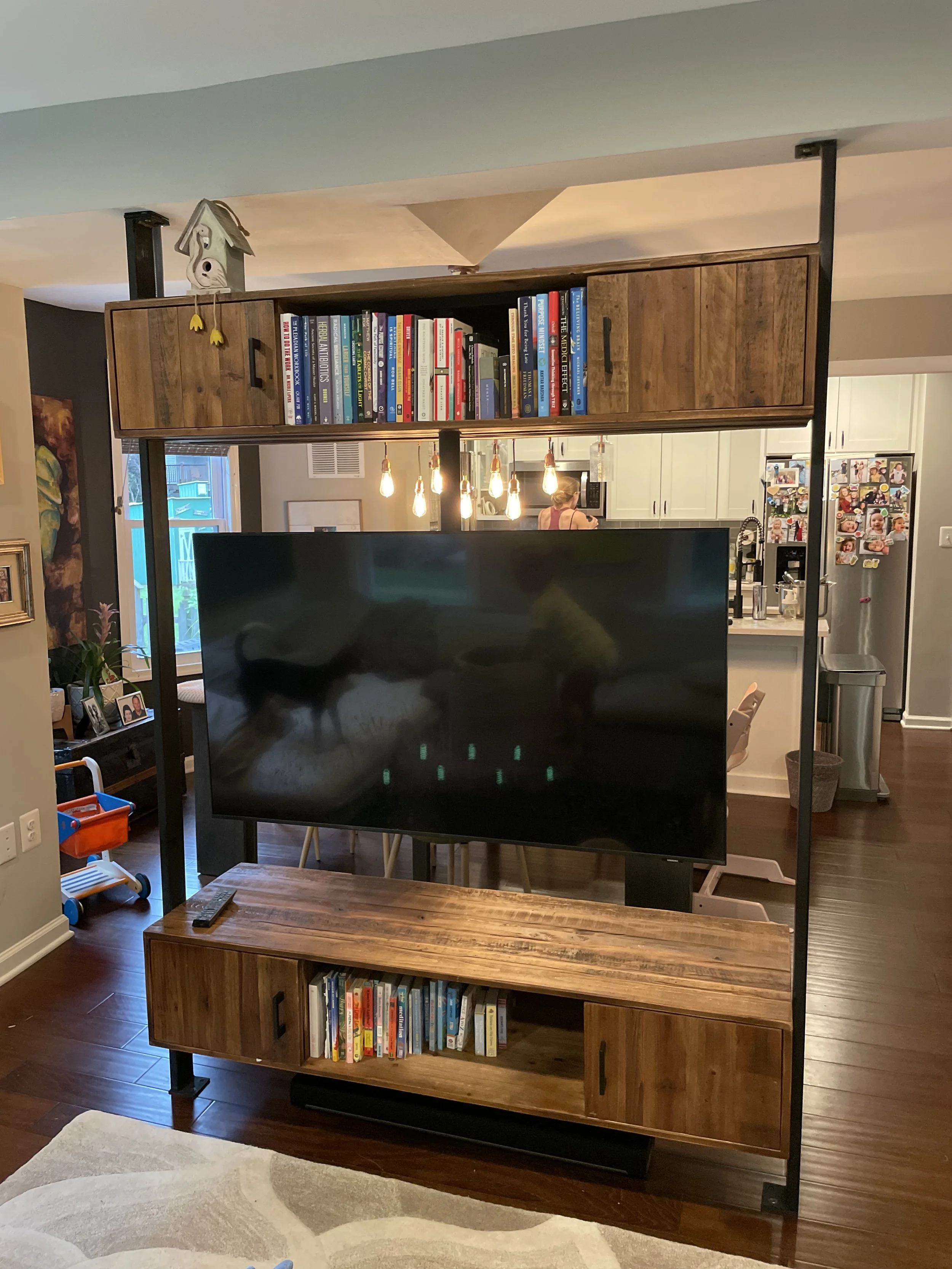 roatiing tv entertainment center for center of living room dining room kitchen, upper and lower storage, custom woodwork custom metalwork baltimore maryland, modern rustic warm design