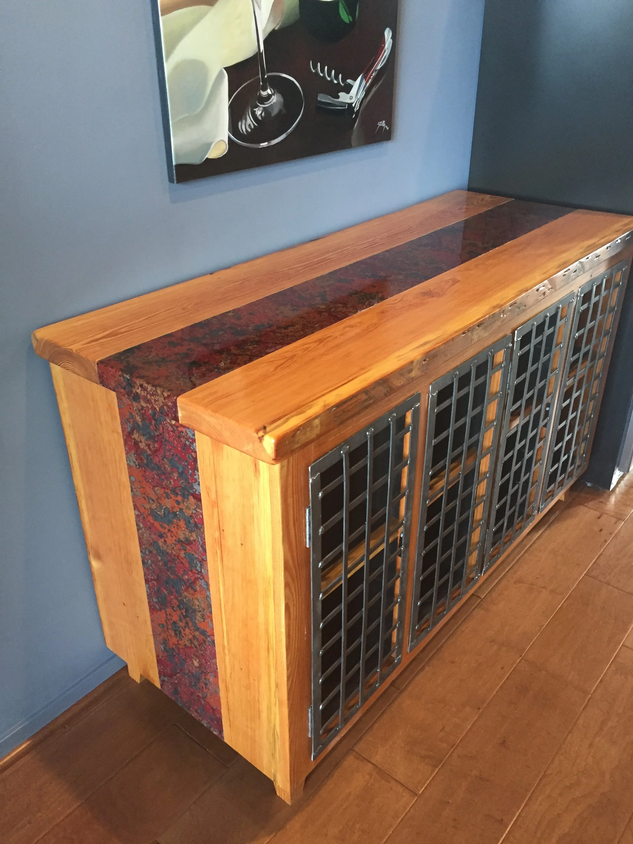 retail residential decorative locked liquor storage, custom woodwork custom metalwork baltimore maryland, red patina copper, rustic industrial look cabinetry