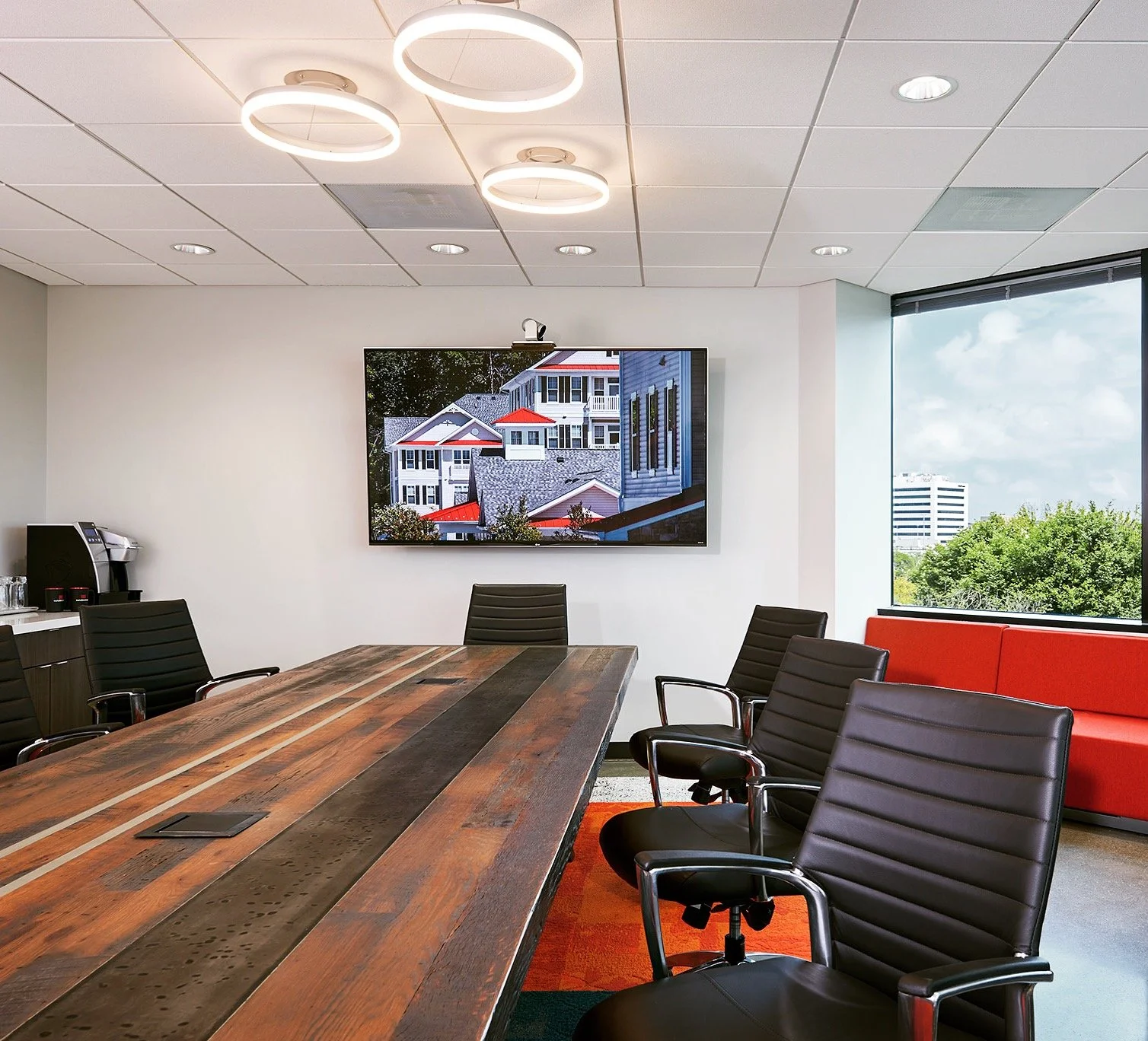 rustic look conference table, steel and zinc inlay stripes, industrial look