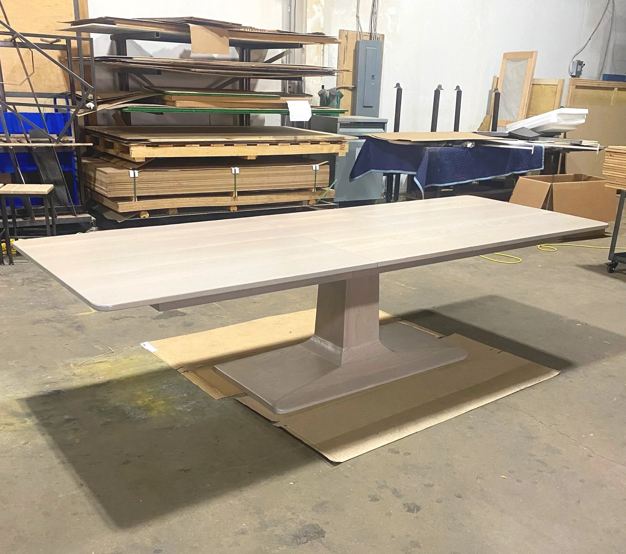 white washed oak pedestal table with leaf, baltimore maryland custom woodworking metalworking, modern minimalist