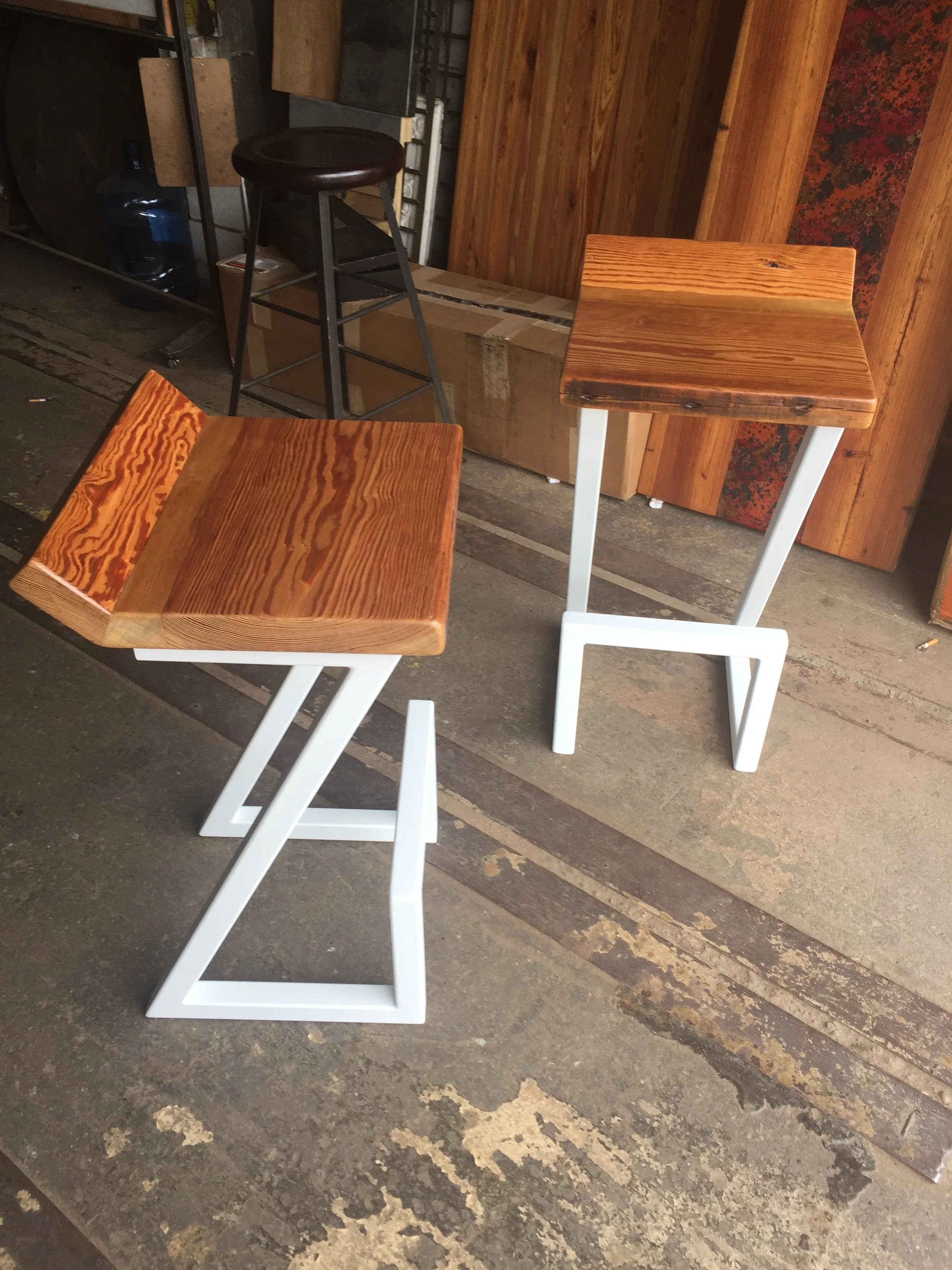 sturdy modern barstool with wood seat and white metal base and footrail, custom woodand metal work baltimore maryland,