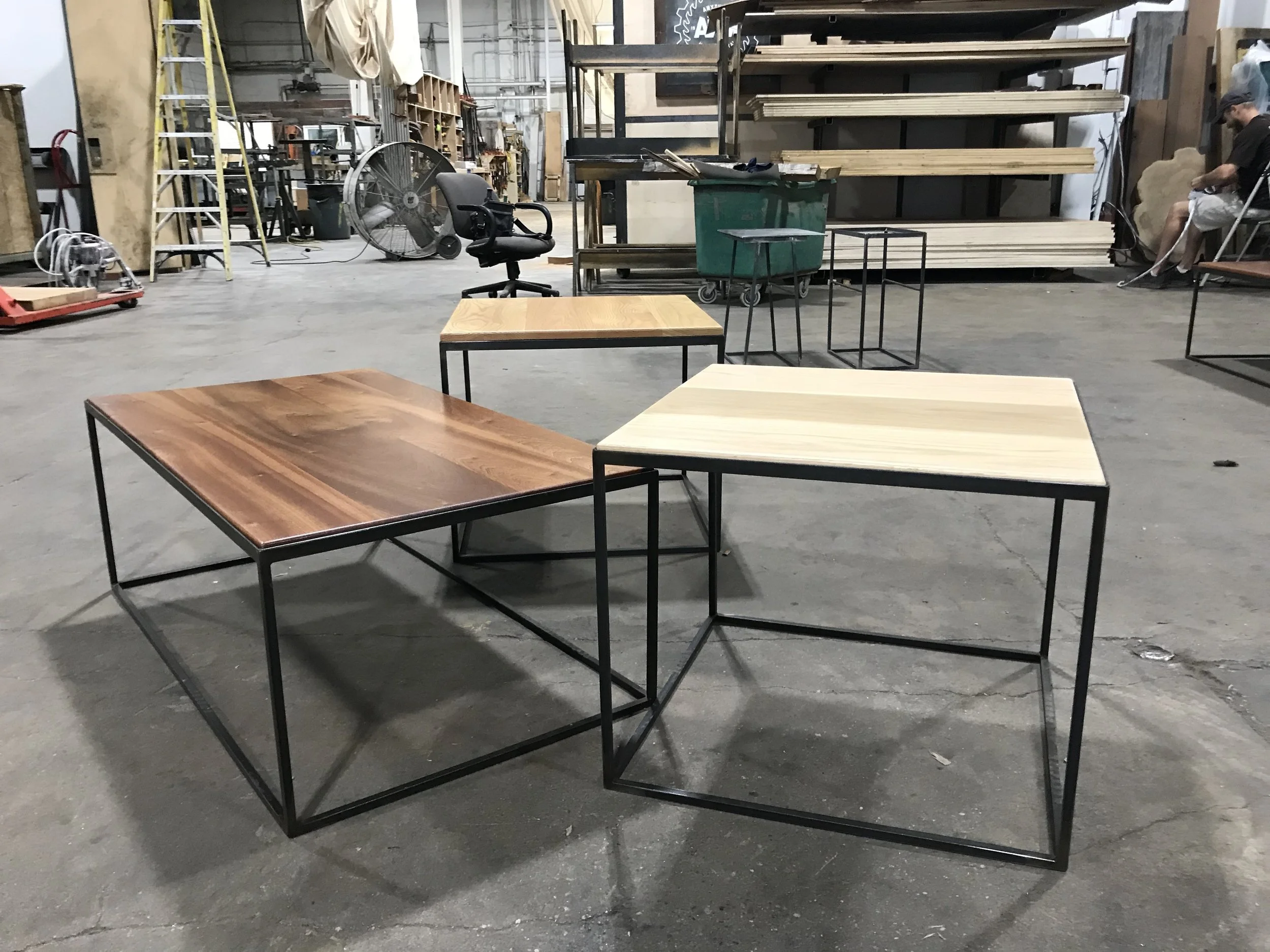 mixed woods nesting coffee tables, baltimore maryland custom woodworking metalworking, simple steel legs, minimalist coffee table side table