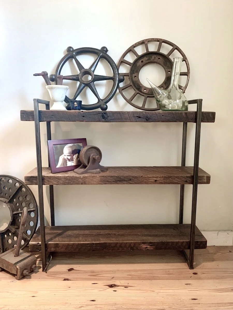 Reclaimed wood shelves with industrial steel, rustic industrial look, small shelves