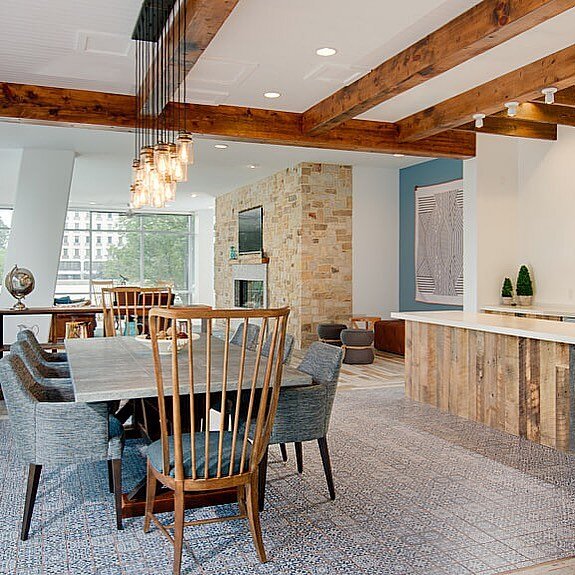 Getting some serious springtime vibes from this shot @lakehouse_apts of our community dining table. This zinc-top trestle is one of our faves. Thanks for the collab @qwrkcollect 😎 .
.
.
.
.
#woodworking #reclaimedwood #ilovewoodworking #custommade #