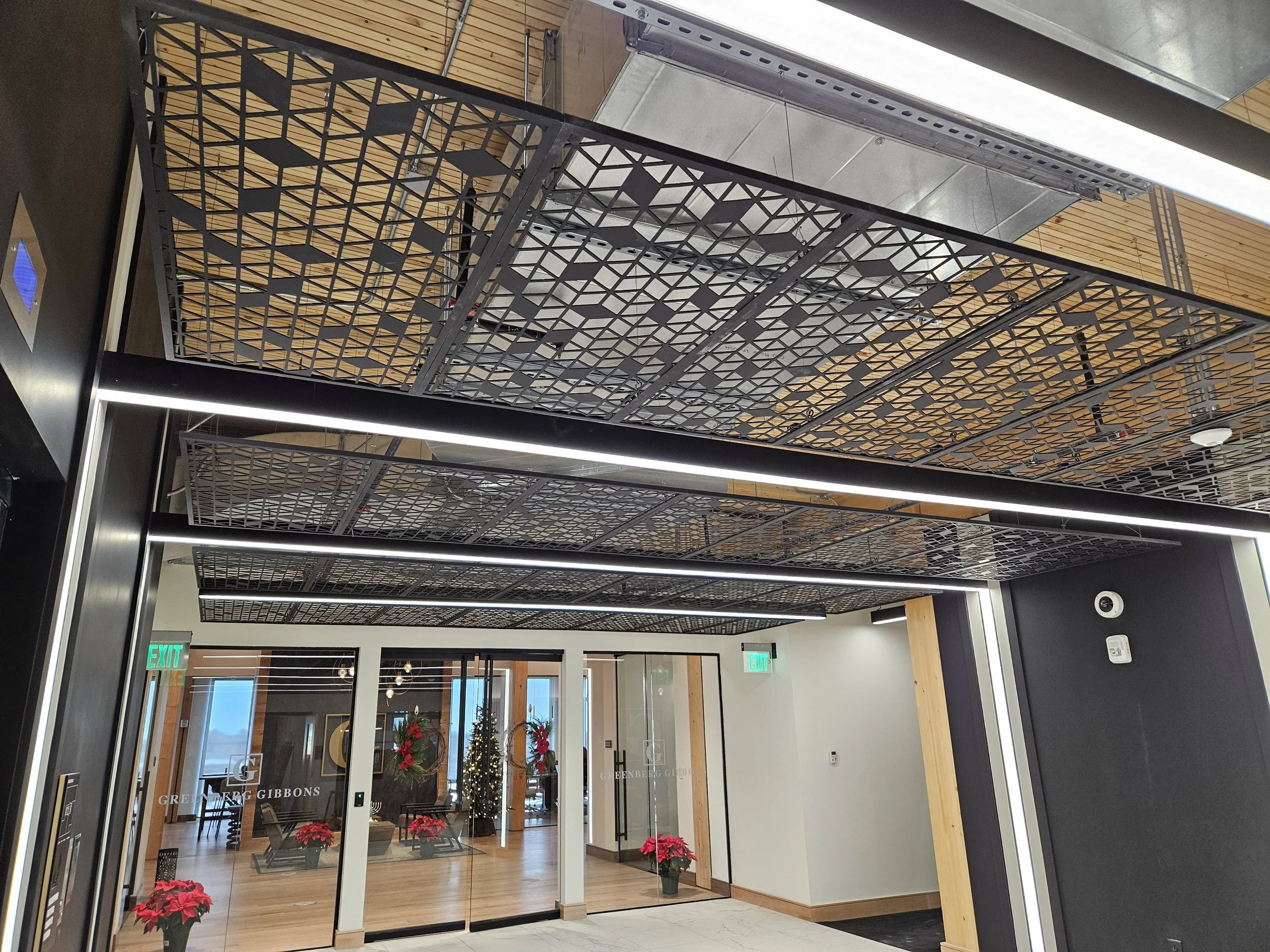80 percent open area splrinker safe ceiling cover, ceiling accent, modern ceiling accents office space apartment space, custom woodworking custom metalworking custom furniture baltimore maryland