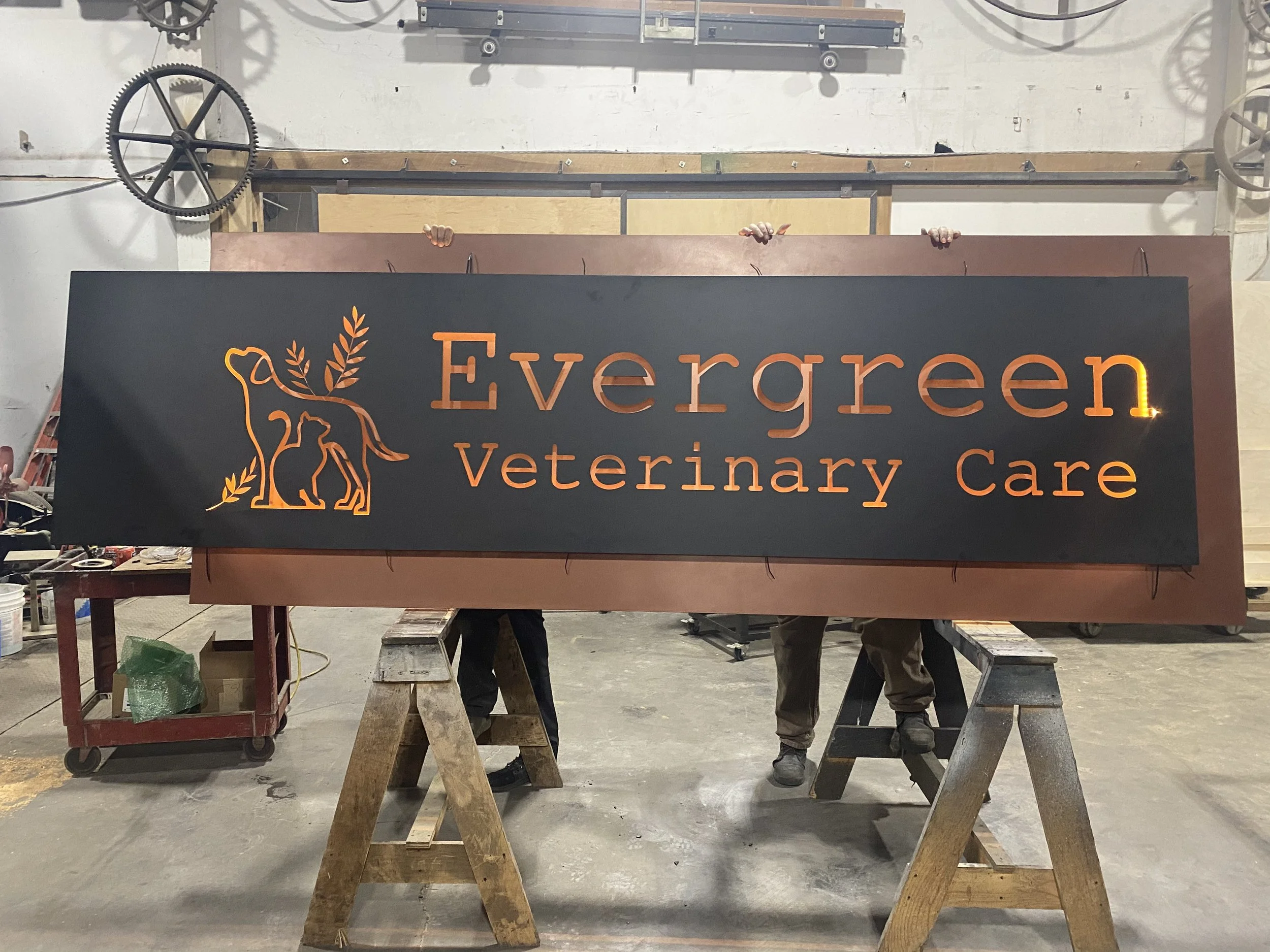vetrenary signage, black with orange accents,custom metal signage 3d exterior powder coated, custom metalwork baltimore maryland
