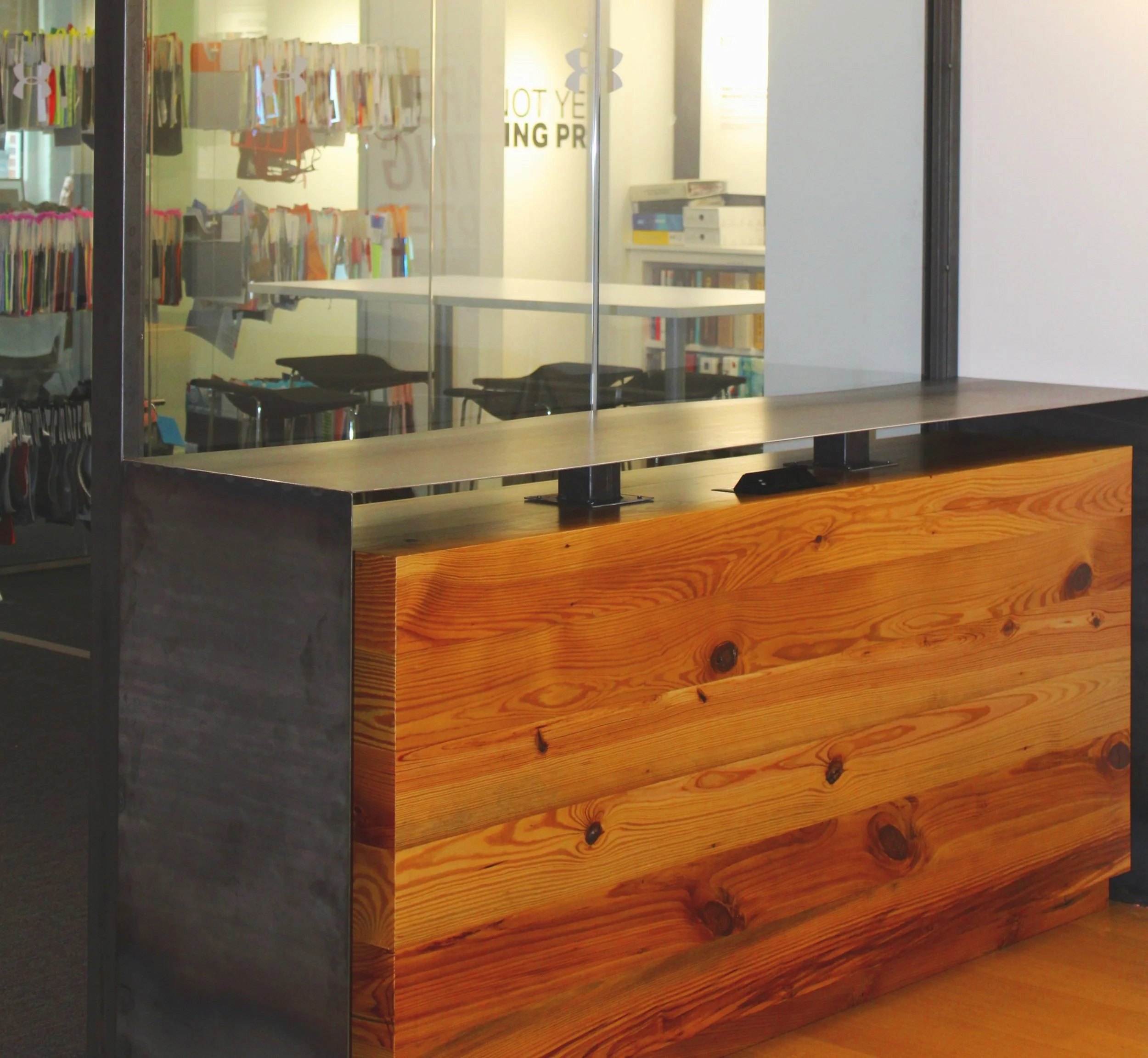 Reclaimed wood with hovering steel waterfall, baltimore maryland custom woodworking metalworking, corporate office accent pieces