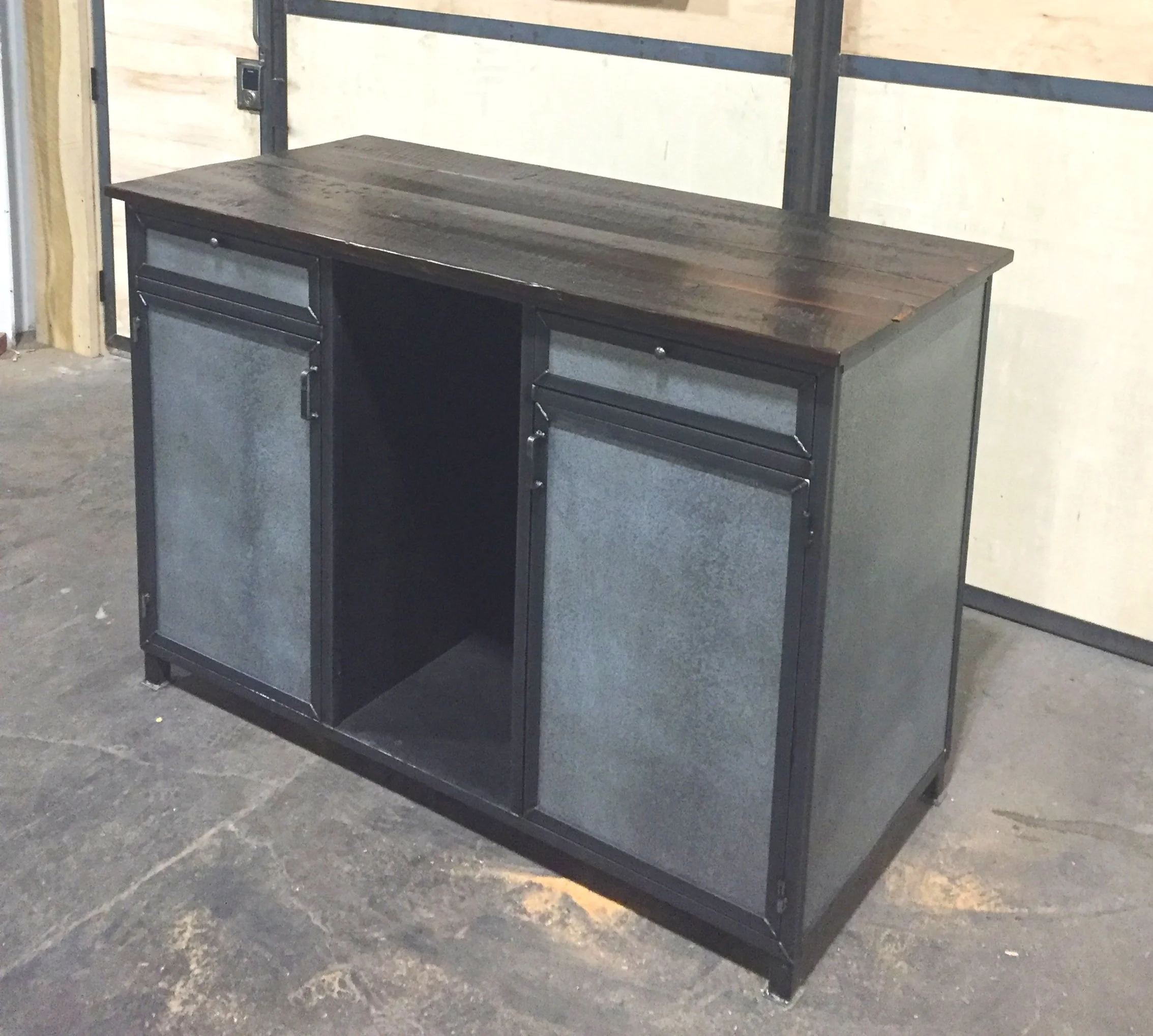 industrial look credenza, rugged and raw mens home decor, natural patina zinc, base cabinetry with open shelf in the middle
