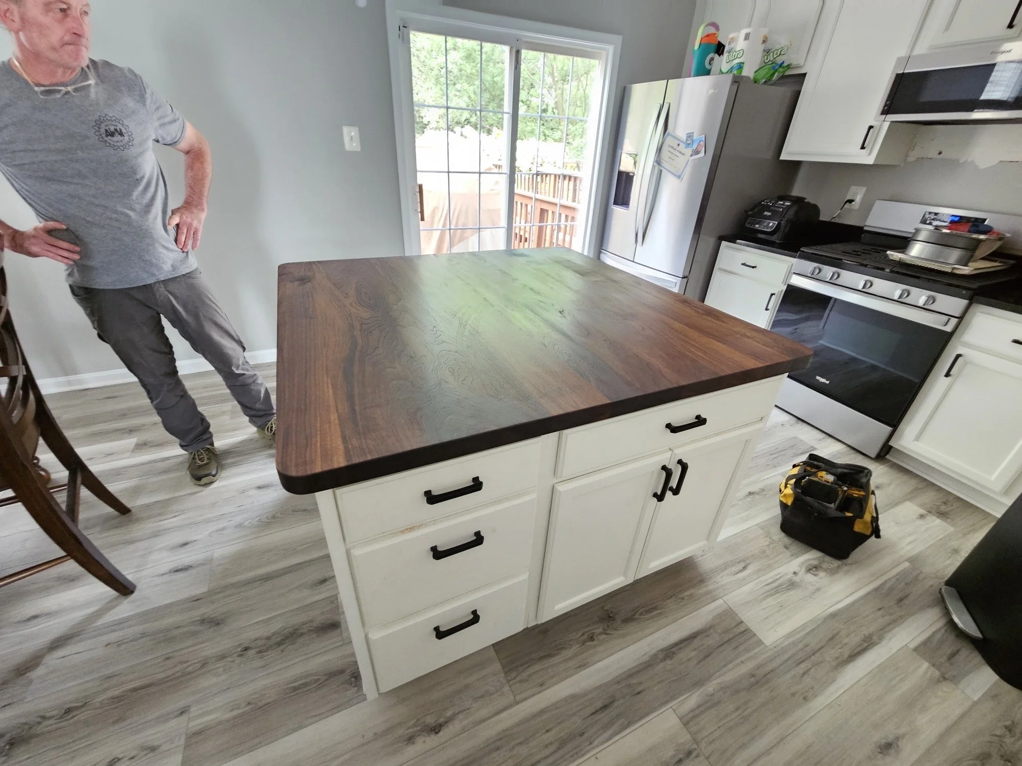 solid wood countertop with dark stain and rounded corners, ogee edge, woodworking baltimore