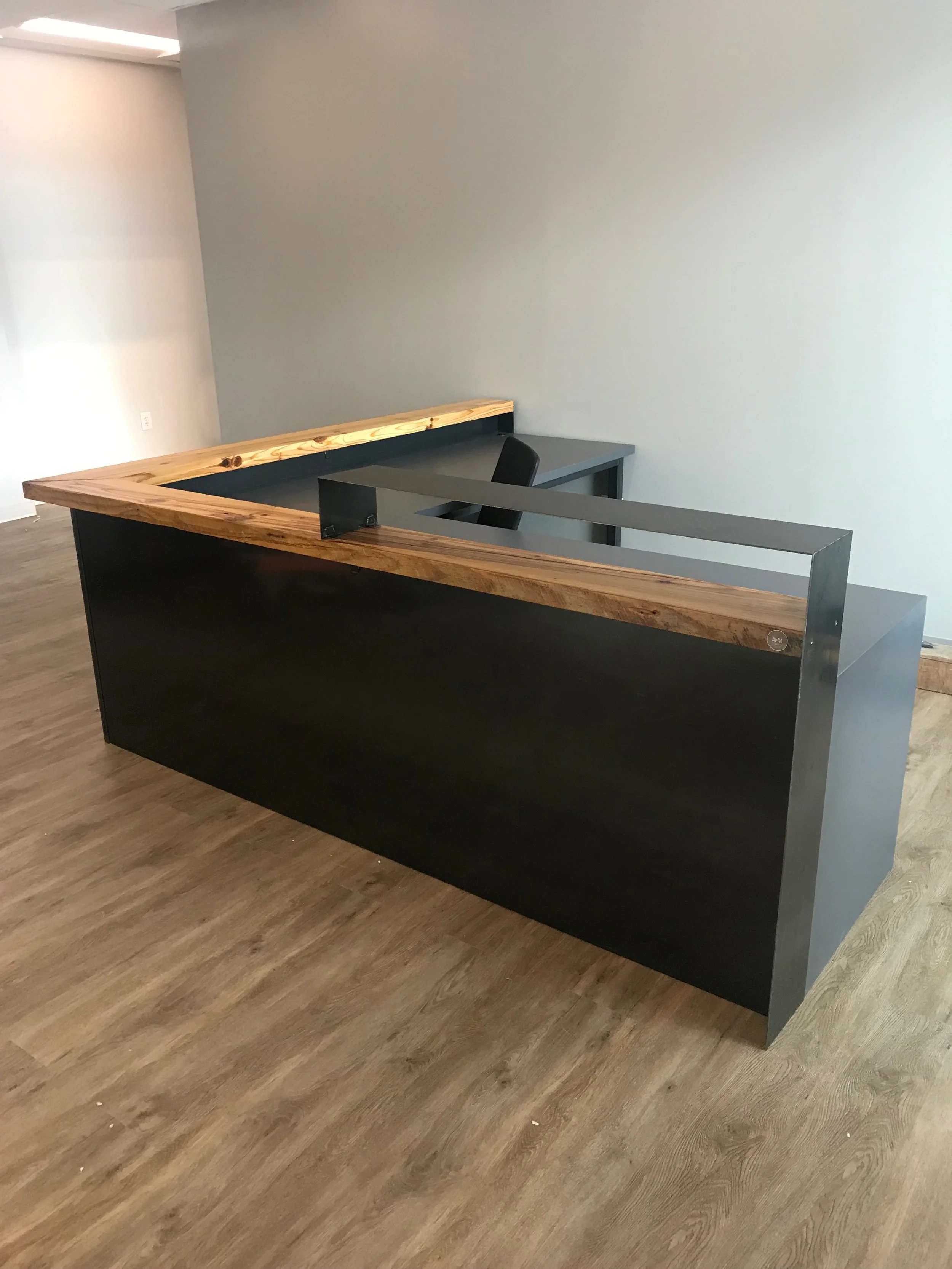 steel with reclaimed wood reception desk modern industrial look