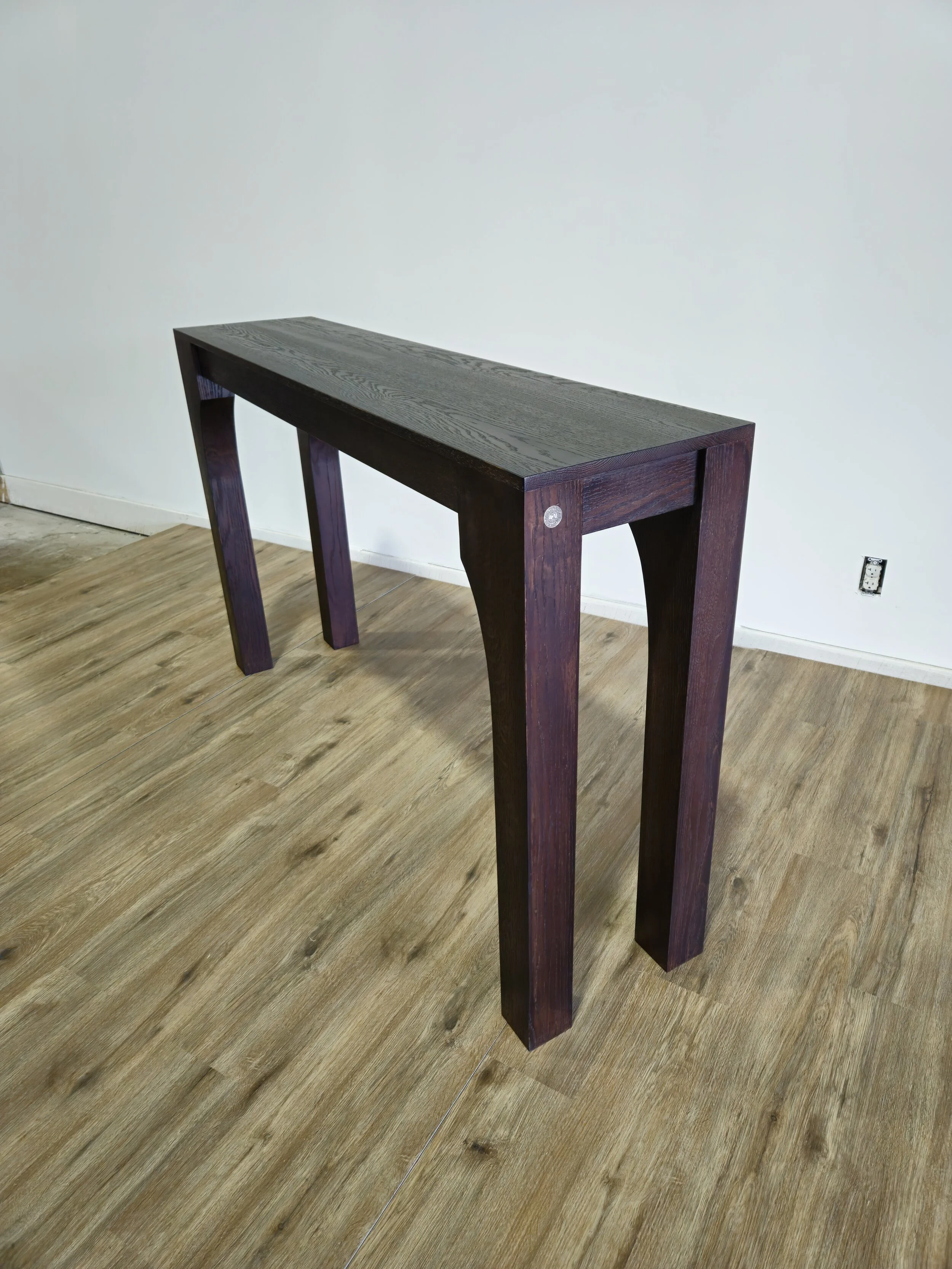 red oak dark stain, dark wood side table, hallway table, curved arched legs side table, baltimore maryland custom woodworking metalworking