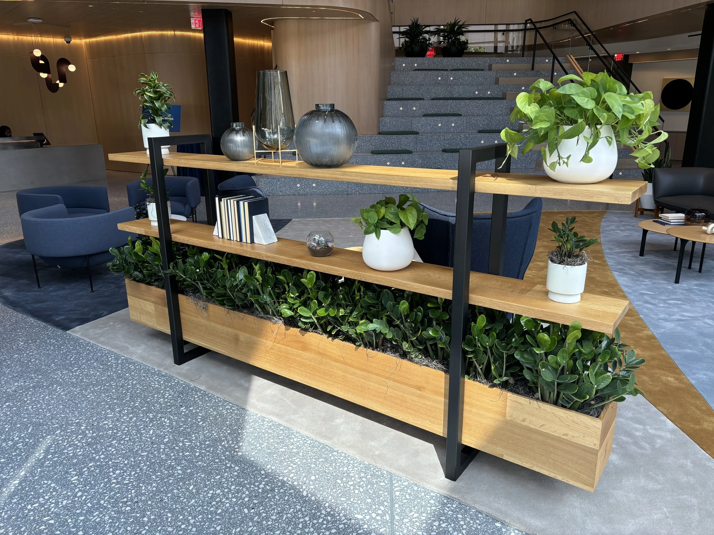 cute shelves with faux planter, shelving sideboard table, custom stairs baltimore maryland, office lobby side table