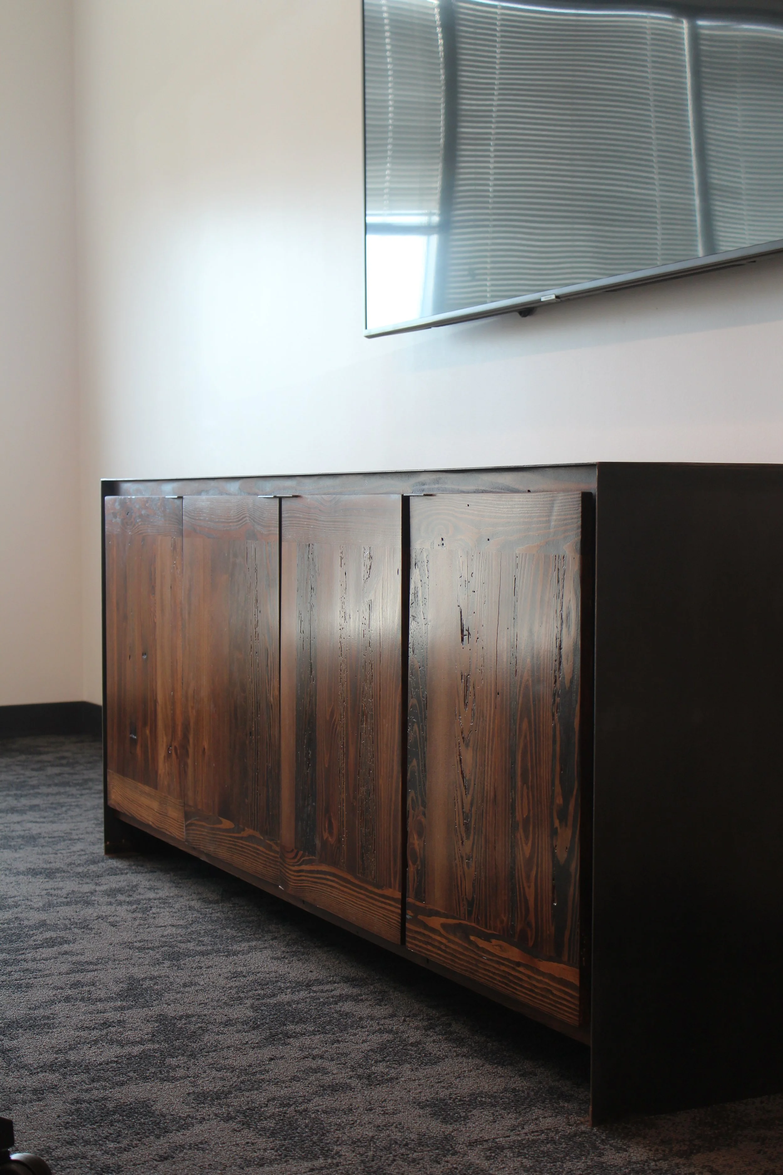 custom woodwork custom metalwork baltimore maryland, minimal design reclaimed wood credenza cabinetry, steel accents, dark moody warm minimalism modern