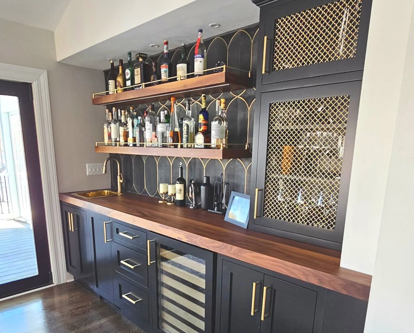 walnut office bar counter, dark wood counter, custom for built in cabinetry, custom wood and metal work baltimore maryland