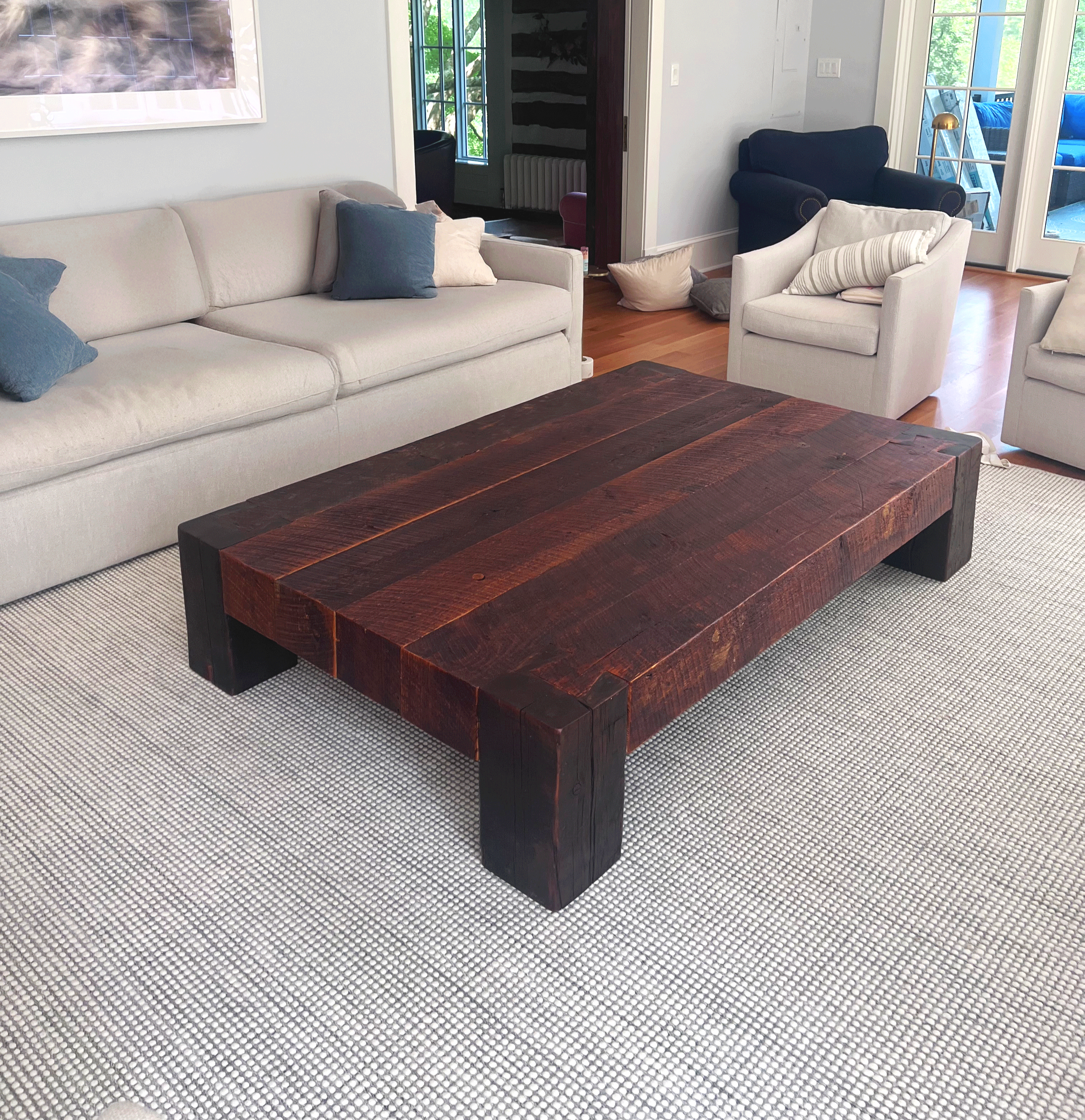 warm rustic refined, beam coffee table, baltimore maryland custom woodworking metalworking