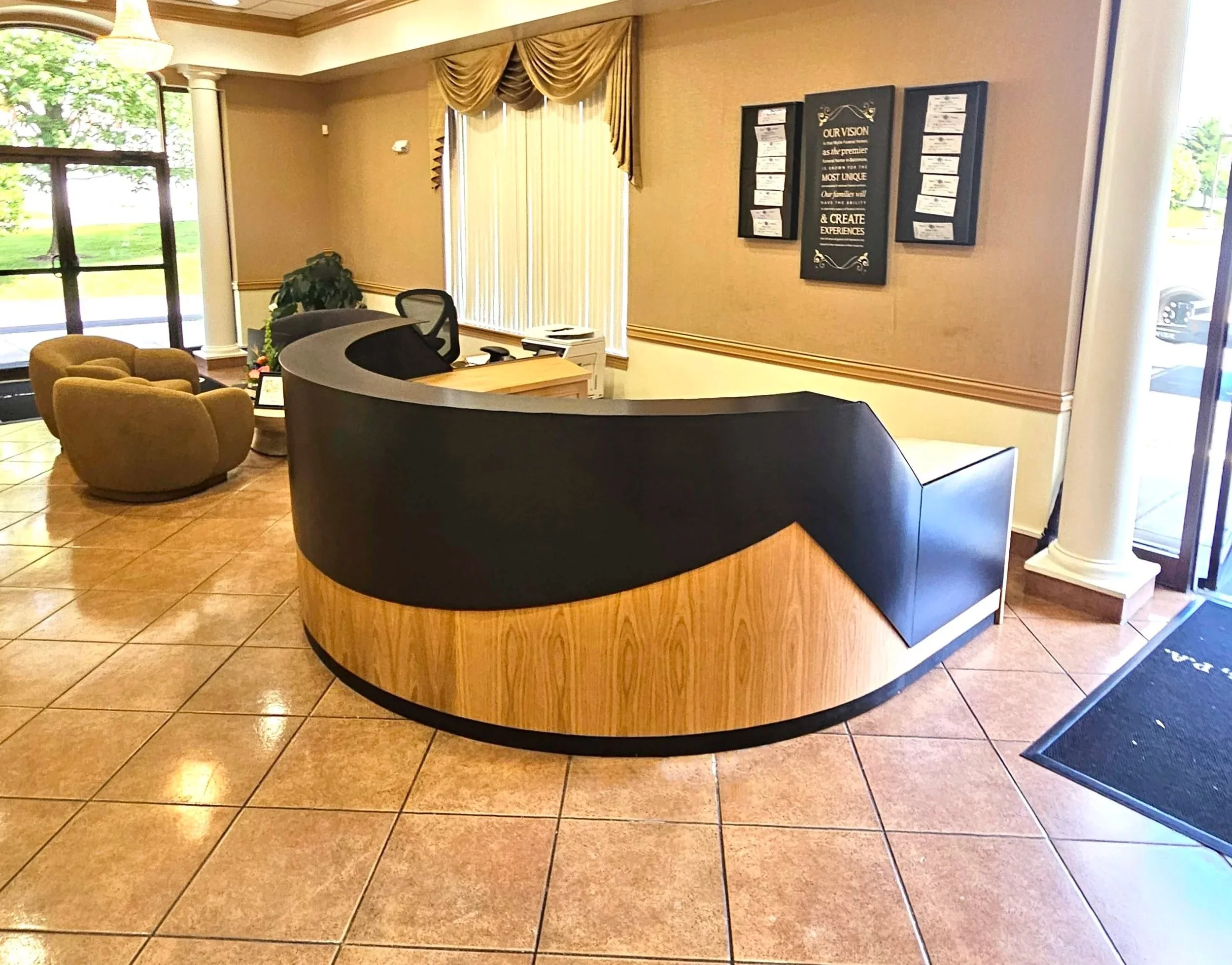 reception desk for funeral home, classic white oak with black top, half circle, semi circle